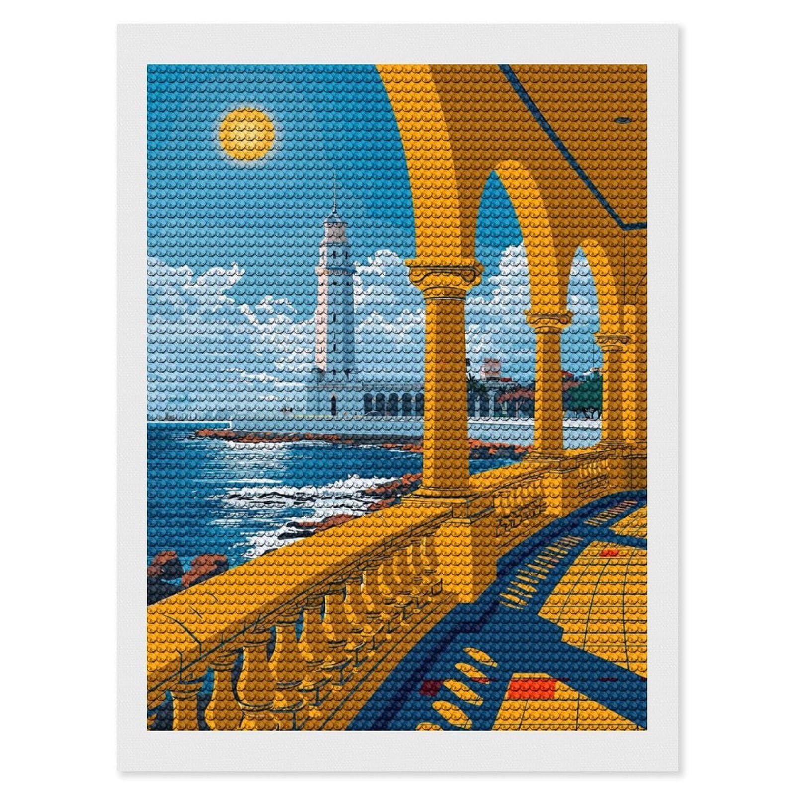 Junmoney Alexandria Lighthouse View Diamond Painting Canvas Set 12"x16", for Adults, Sparkling Round Gems, Thoughtful Handmade Gift, Modern Decor