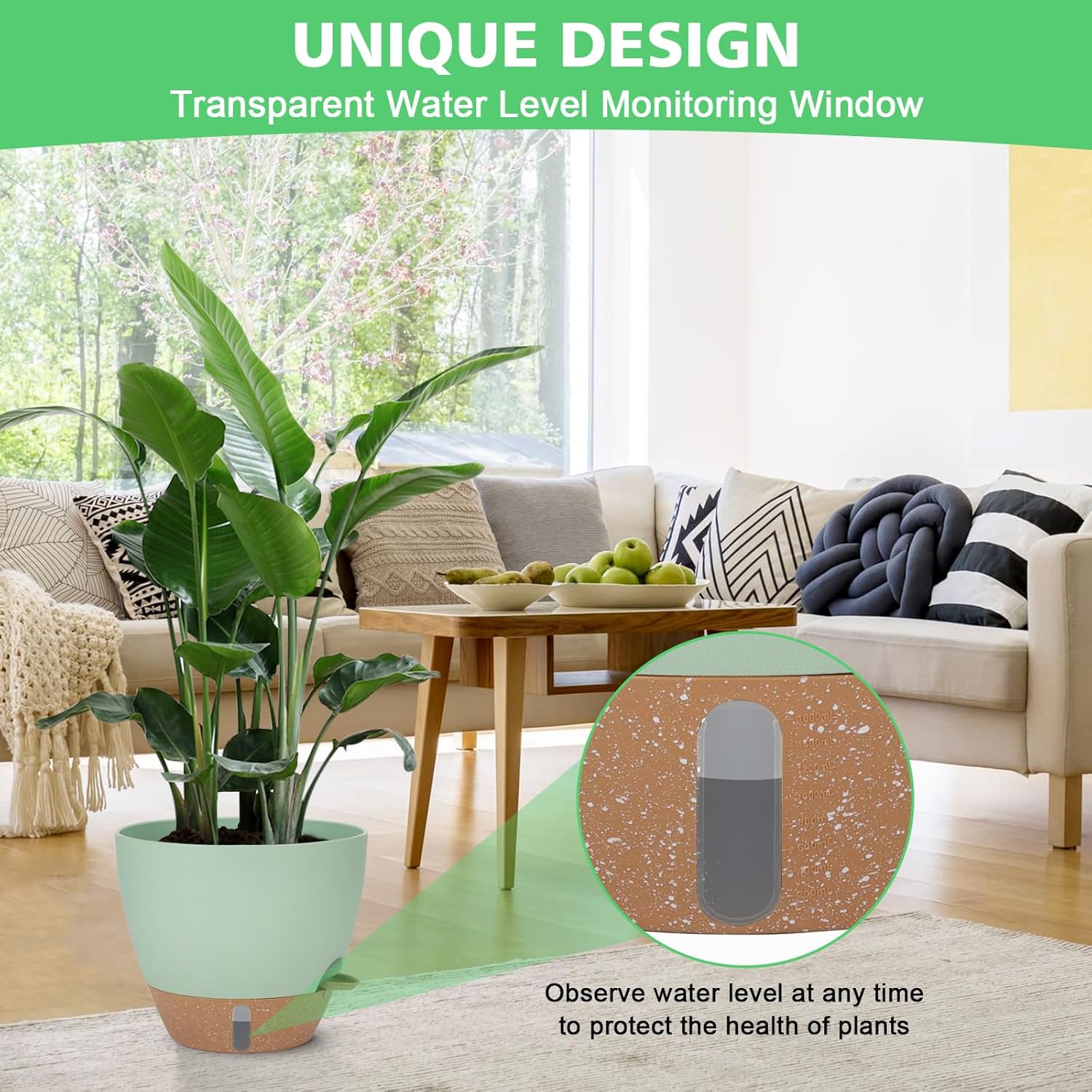 Self Watering Planter Set with Visual Water Level, 6Pack Small Plastic Pot with Drainage Holes and Reservoir Saucers, Modern 8+7+6.5+6+5.5+5 Inch Bottom Watering Flower Pots for Indoor Plant - Green - Image 4