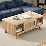 Farini Mid Century Modern Square Coffee Table with Rattan Drawer and Solid Wood Legs, Storage Living Room Table for Home,Office,Natural