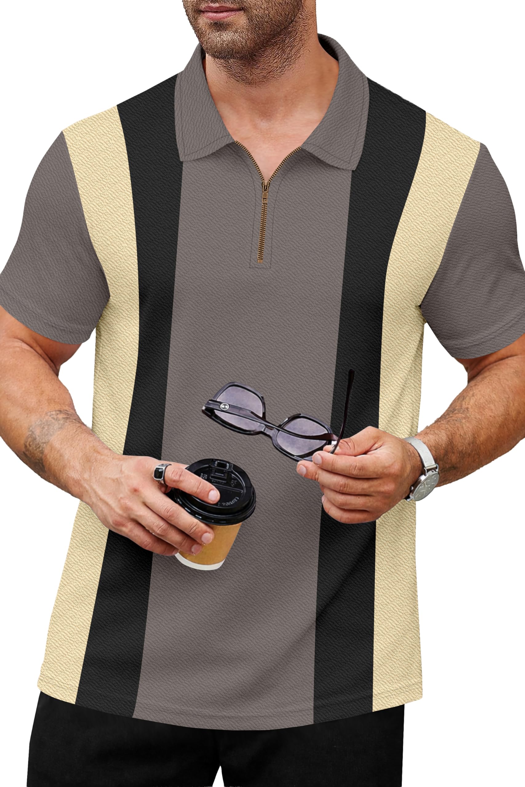 Avix Men's Vertical Striped Polo Shirt with Half Zipper, Short Sleeve Collared