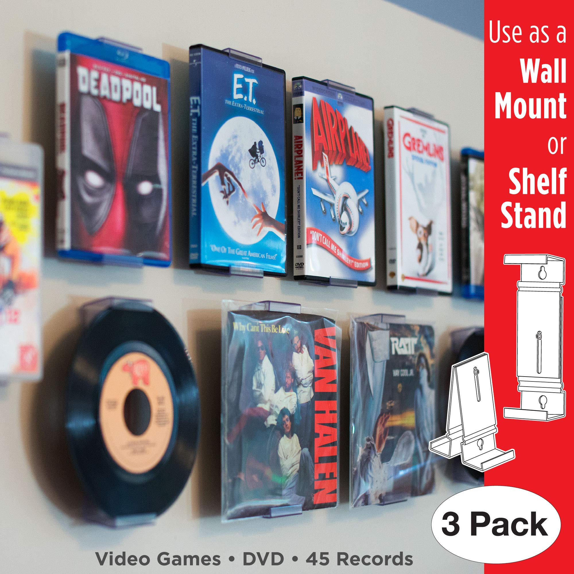 CollectorMount DVD Mount Video Game, 45 Record and Blu-Ray Shelf Stand and Wall Mount, Invisible and Adjustable, 3 Pack