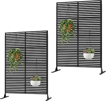 71" H x 46" W Outdoor Privacy Screen, Black Metal Freestanding Patio Divider with Stand, Decorative Garden Partition for Backyard, Balcony, Deck and Porch, 2PCS