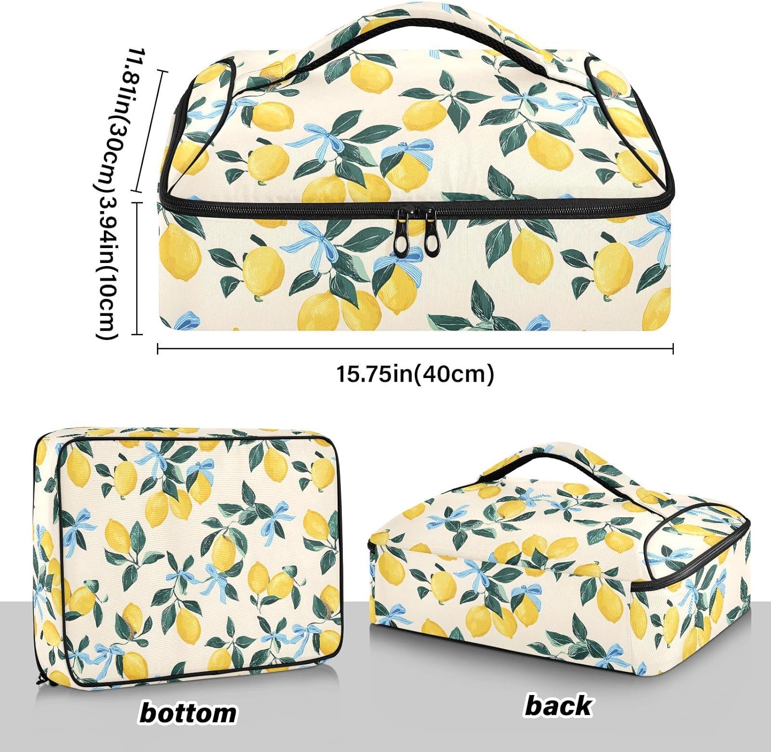 Casserole Carrier Insulated Yellow Lemon Blue Bows Dish 9x13 with Lid Party Travel Warmer Bag for Hot or Cold Food Lasagna Pizza Holder Tote