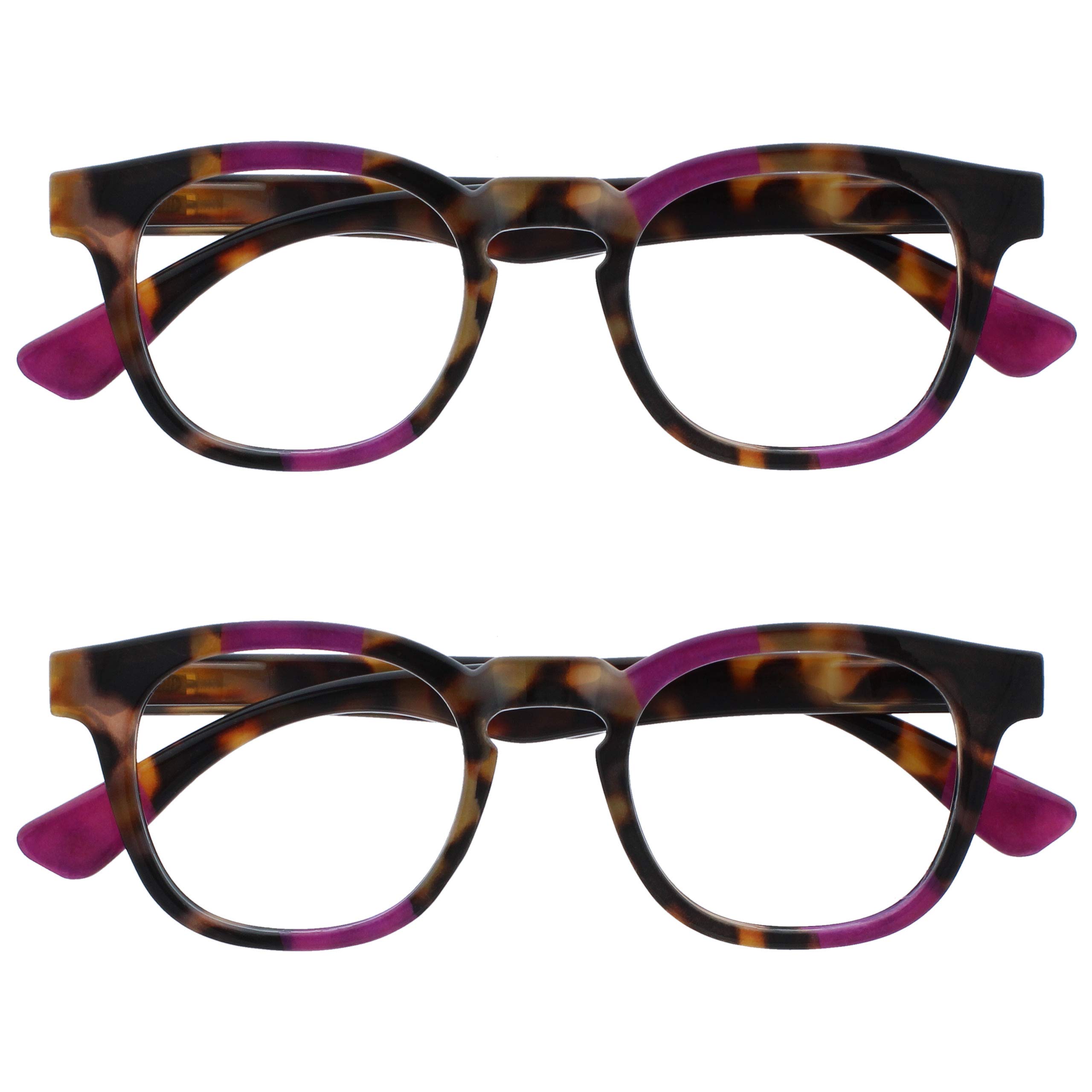Opulize Ava Gafas de Lectura Pack de 2 Montura Redonda Favorecedora Marrón Carey Morado Lentes Resistentes a Arañazos Bisagras de Muelle Unisex Hombre Mujer RR62-5 +2.50