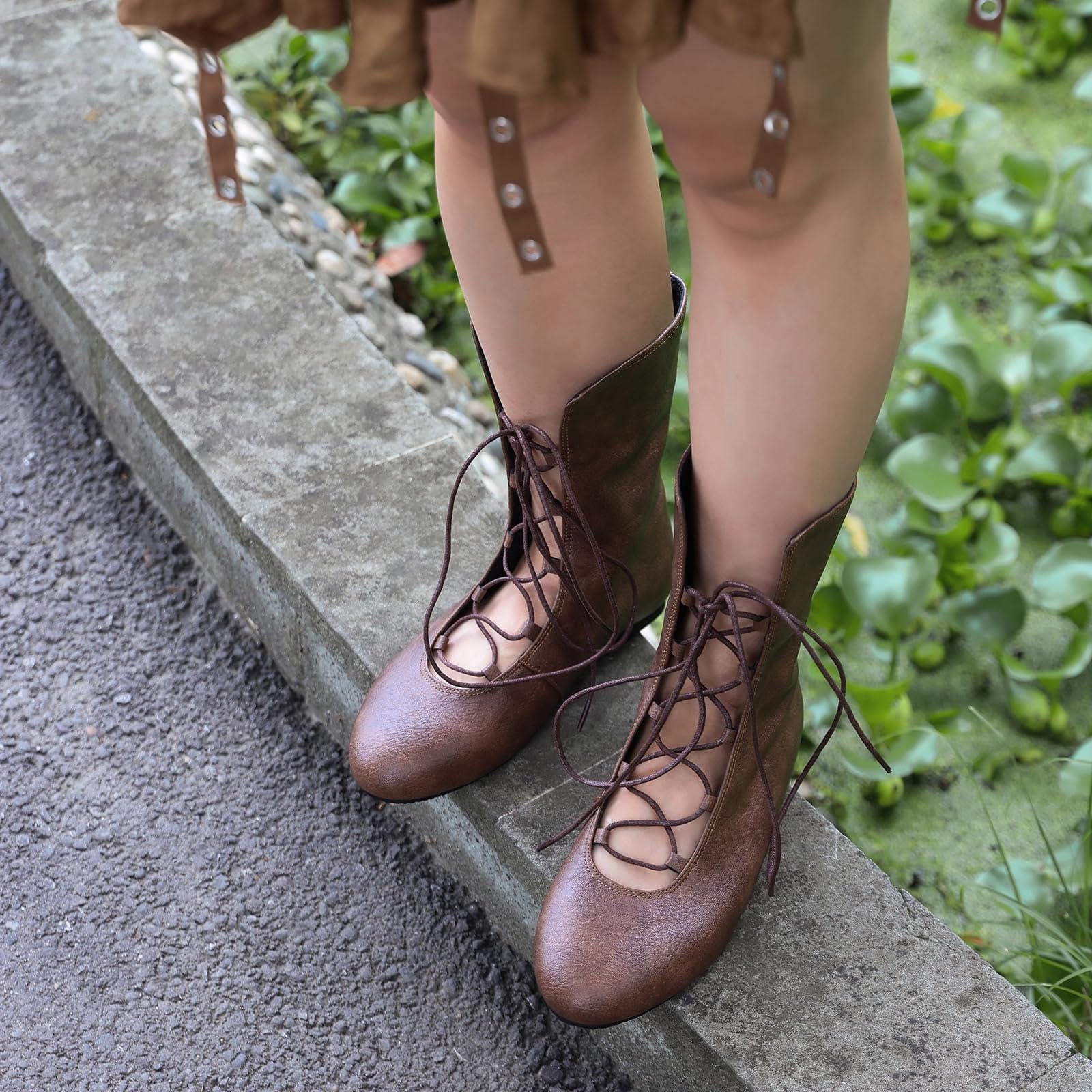 Generisch Mittelalter Schuhe Damen, Gothic Stiefel Sommer Leder Wikinger Schuhe Schwarz Elegant Spitz Springerstiefel Wasserdicht rutschfest Retro Schnürschuhe Weich Bequem Schlupfstiefel