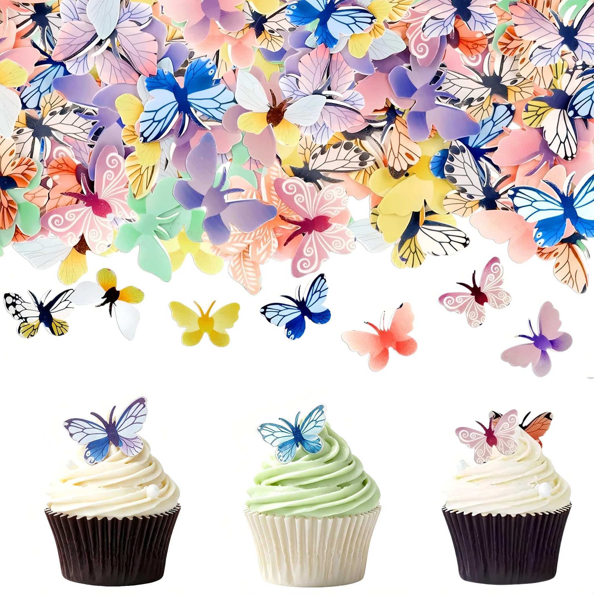 72-Piece Multi-Color Paper Cupcake Toppers,Wafer Paper Flowers (Buttertly)