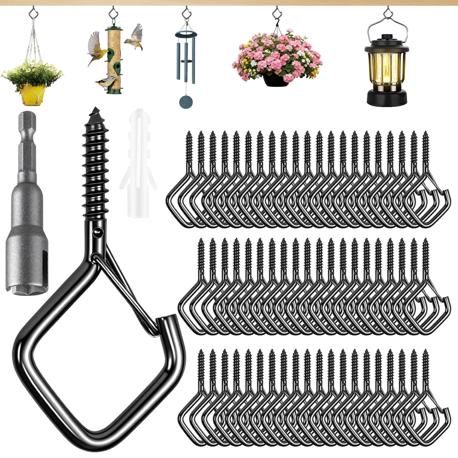 Emiluil 62 PCS Metal Black Eye Screw Hooks for Hanging Heavy Duty.Windproof Ceiling Hooks for Hanging Plants,Cup,Wind Chime,Bird Feeders,Christmas String Lights at Indoor&Outdoor 2.2 Inch