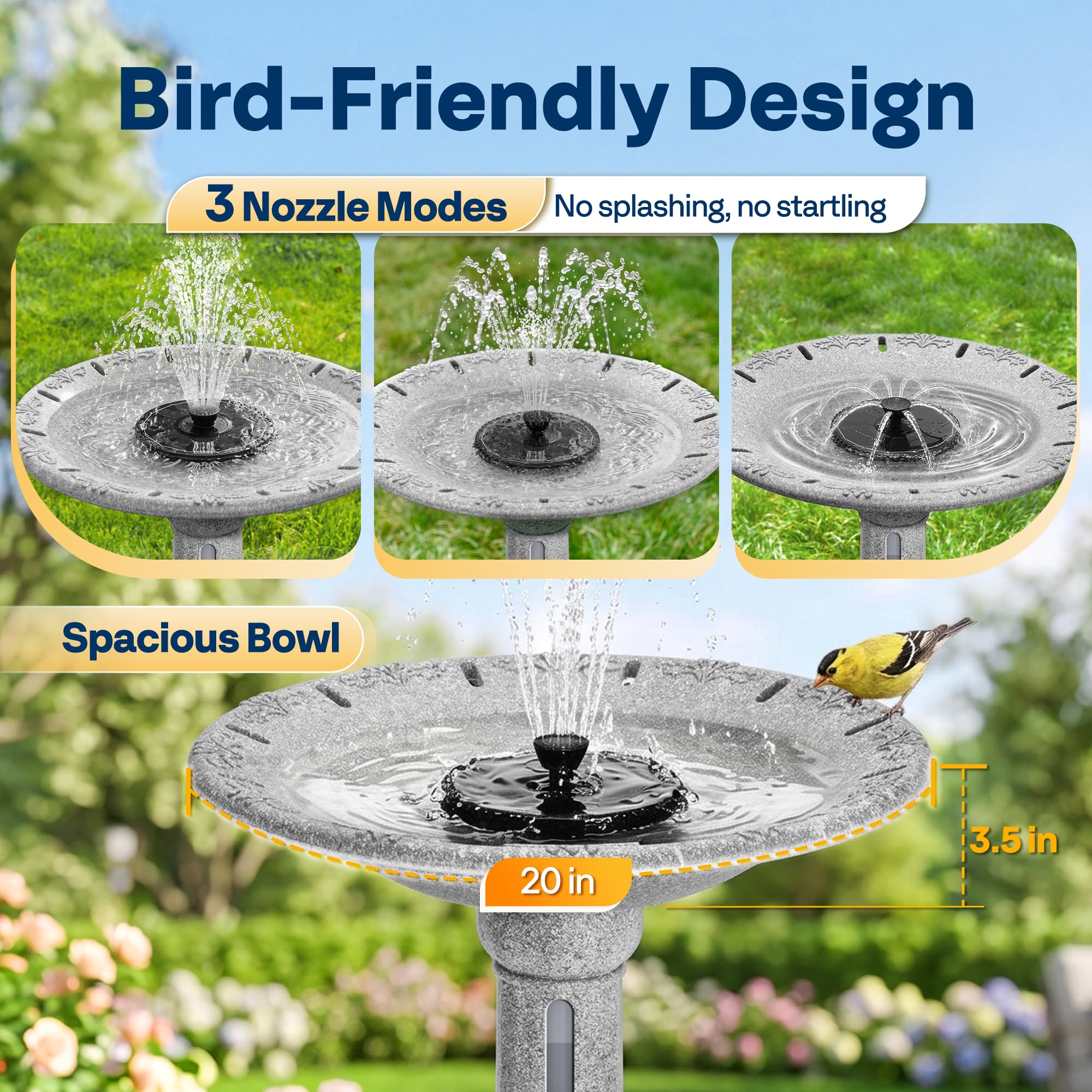 VIVOHOME ⌀51cm Fontana Solare per Uccelli con Serbatoio e Batteria, Bagno da Esterno in ABS 4.5L Resistente alle Intemperie per Giardino, Prato o Balcone