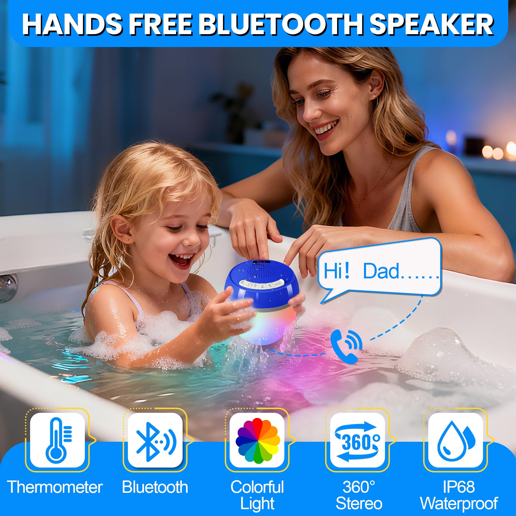 LanAqua Altoparlante Bluetooth per piscina con termometro galleggiante, facile lettura, altoparlanti galleggianti per piscina con spettacolo di luci, altoparlante impermeabile IP68 per piscine per