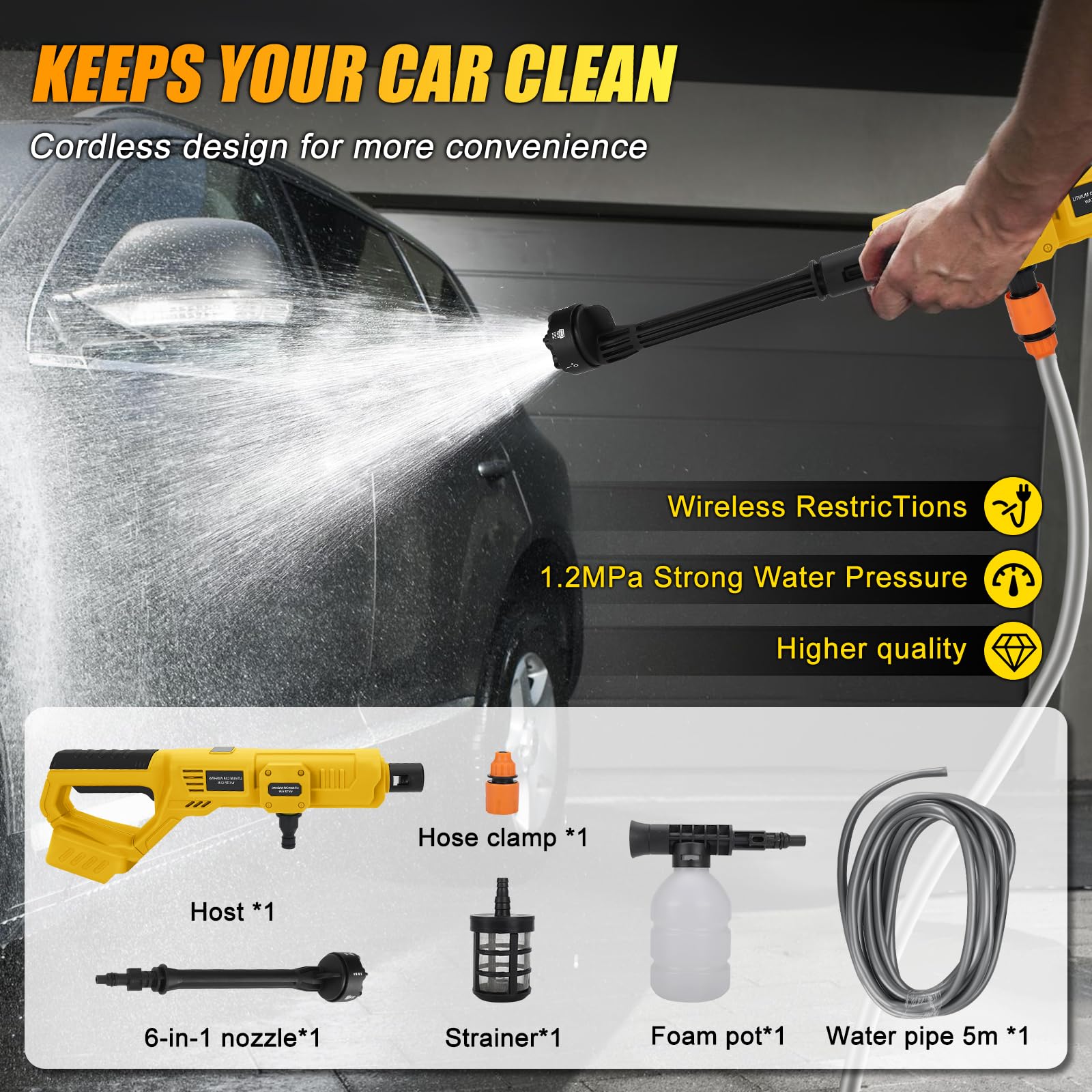 Limpiador de alta presión para batería Dewalt de 20 V, limpiador de alta presión portátil con manguera, limpiador de alta presión portátil para terraza, coche, ventana, césped (sin batería)