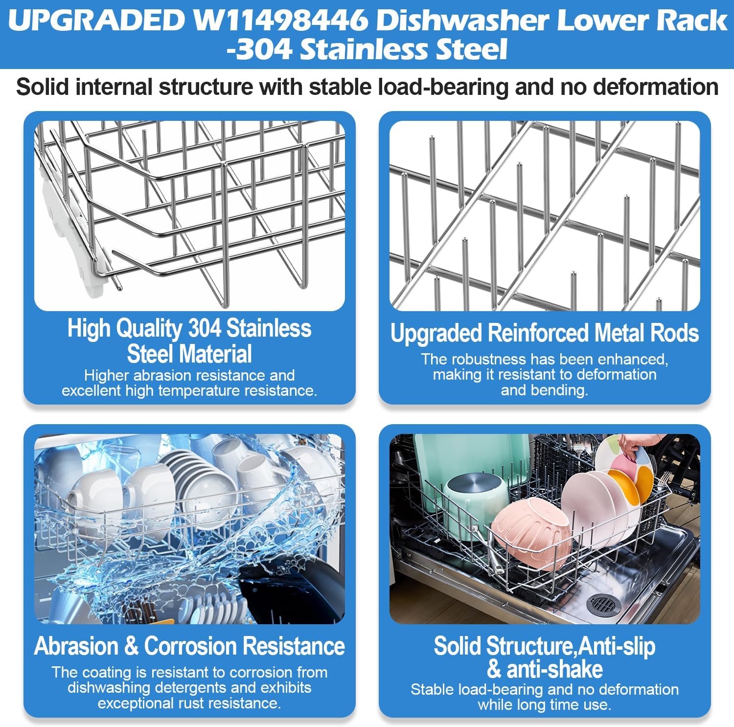 W11498446 Lower Dishrack Assembly for Whirlpool Dishwasher Rack Replacement