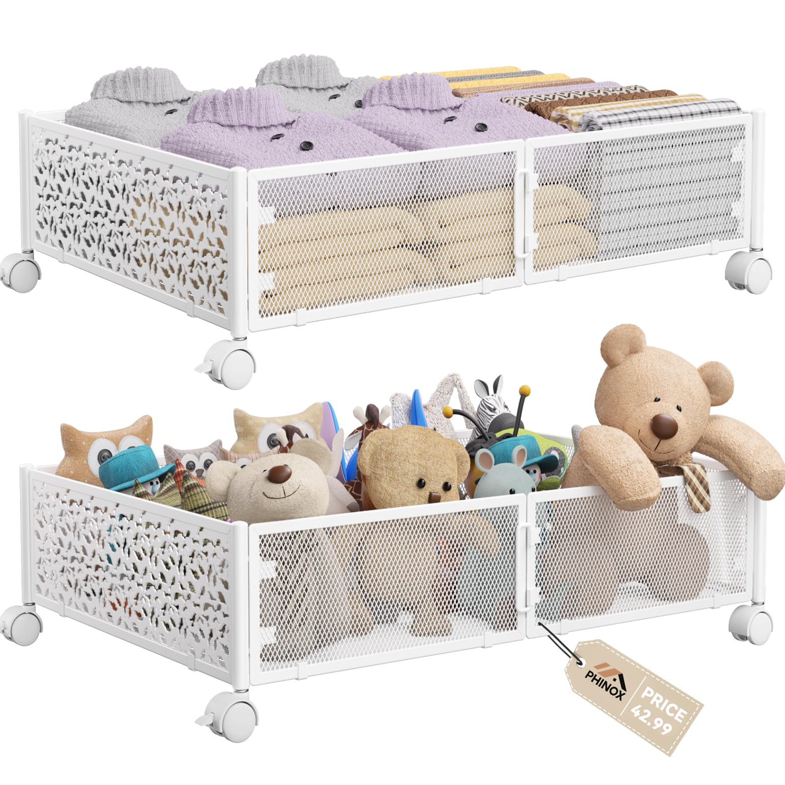 PHINOX Under Bed Storage Box on Wheels, Metal, White, 2 Pack, 23.6" x 15.75" x 6.22"