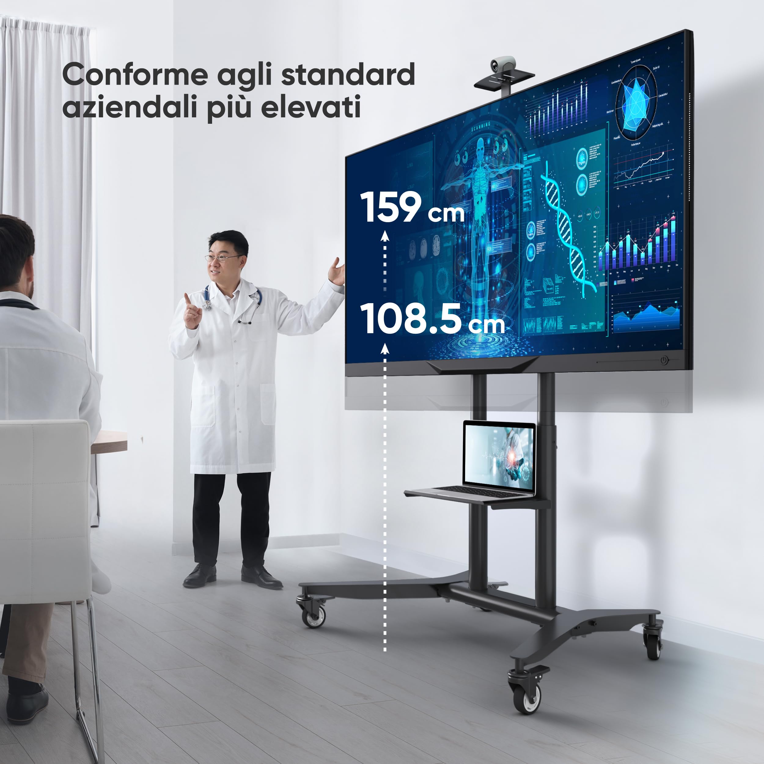 ONKRON Supporto TV con Ruote 55"-90", 75 kg, max VESA 800x600, TS1871-B | Carrello per televisore nero, altezza 1085-1590 mm, ripiano AV, mensola per webcamera, struttura in acciaio; per fiere e sale