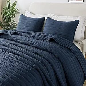 ROARINGWILD Navy Blue King Size Quilt Bedding Sets with Pillow Shams, Mustard Lightweight Soft Bedspread Coverlet, Quilted Blanket Thin Comforter Bed Cover for All Season, 3 Pieces, 104x90 inches