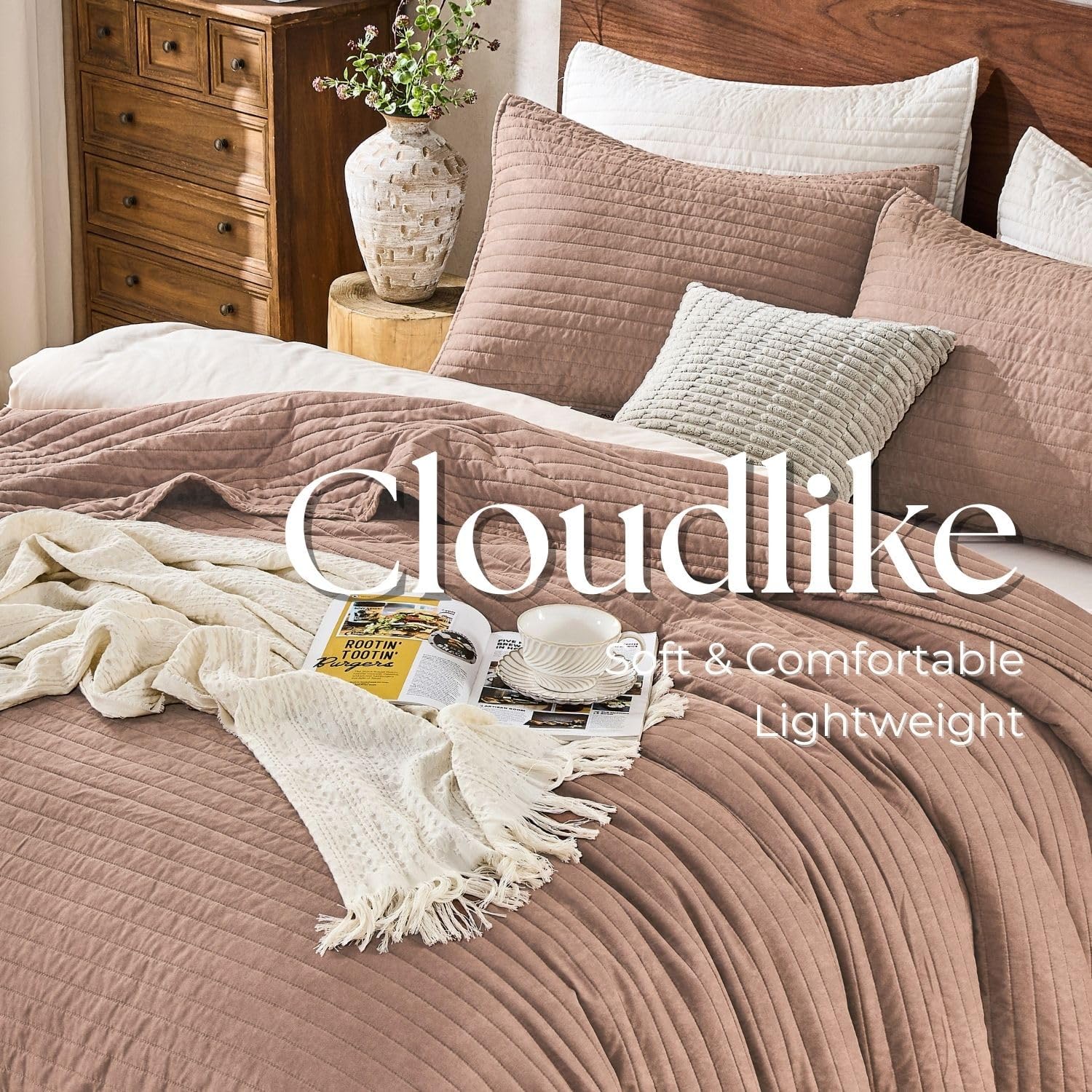 DOWN HOME Queen Quilt Bedding Set with Shams, Vintage Washed Soft Quilted Blanket Thin Comforter Lightweight Bedspread Coverlet Bed Cover, Brushed Microfiber Stripe Stitching, Desert Blush, 86"x90" - Image 6