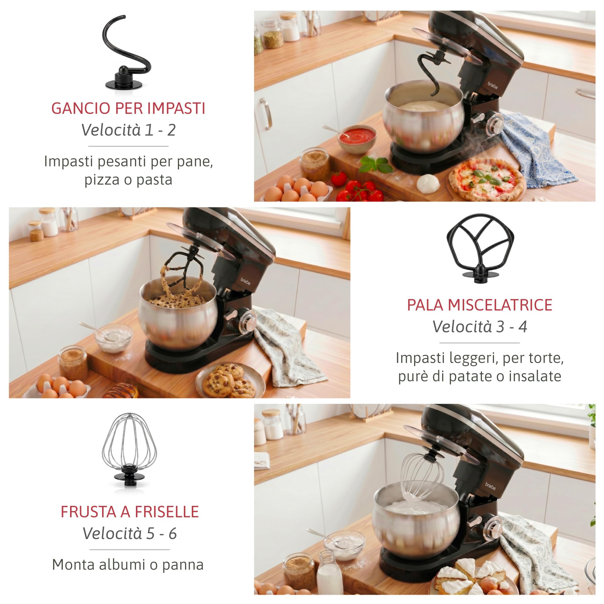 briebe Impastatrice Planetaria Professionale per Pasticceria 1800W MAX Robot da Cucina Orbitale, Frusta, Ciotola 5 L, 6 Velocità + Funzione Pulse, Schermo Touch LED, KM1164