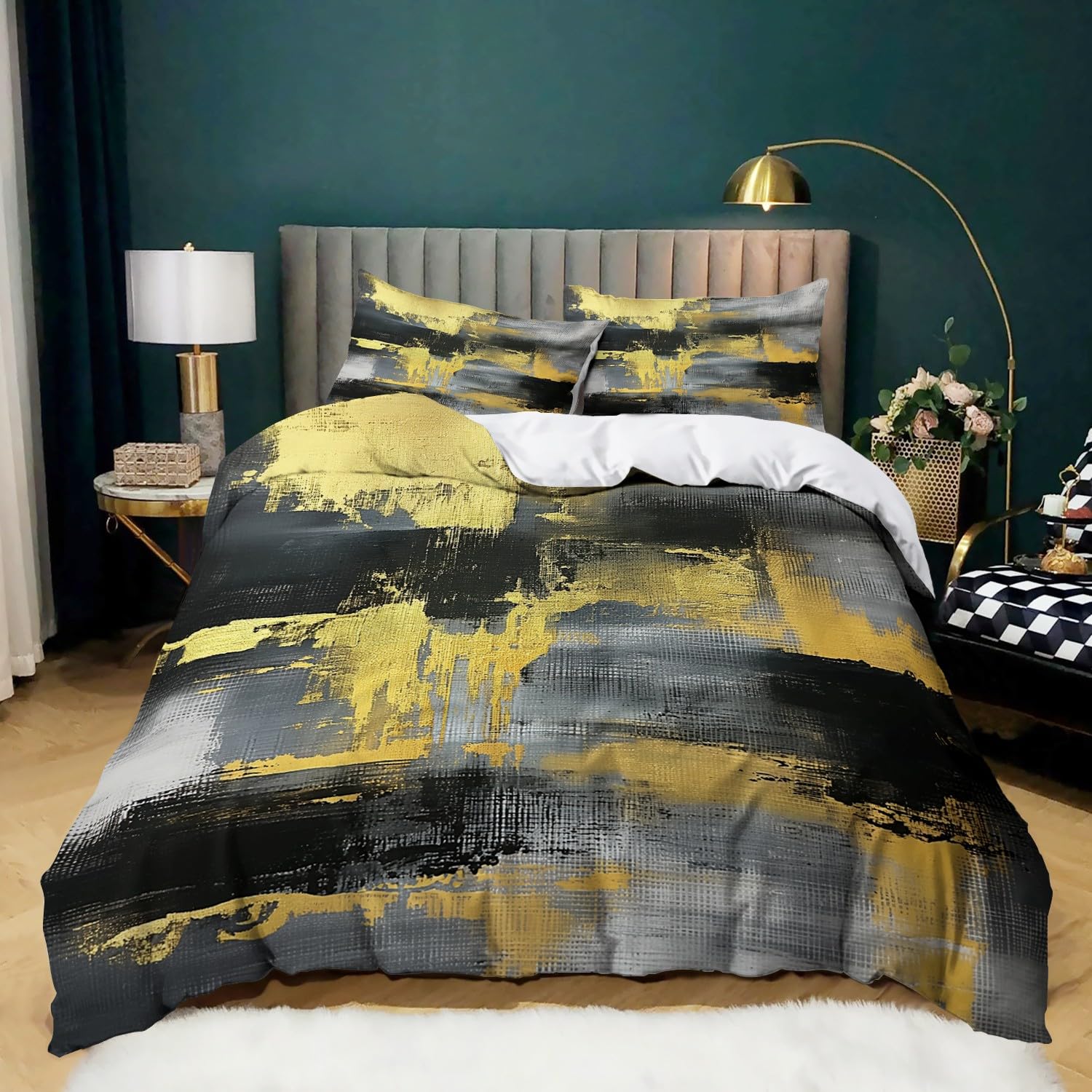 Gold Black Gray Duvet Cover Set King Size, Abstract Print Bedding 3Pcs with 2 Pillowcases, Microfiber Comfortable Breathable Quilt Cover 230x220 cm for Kids Boys Girls Adults