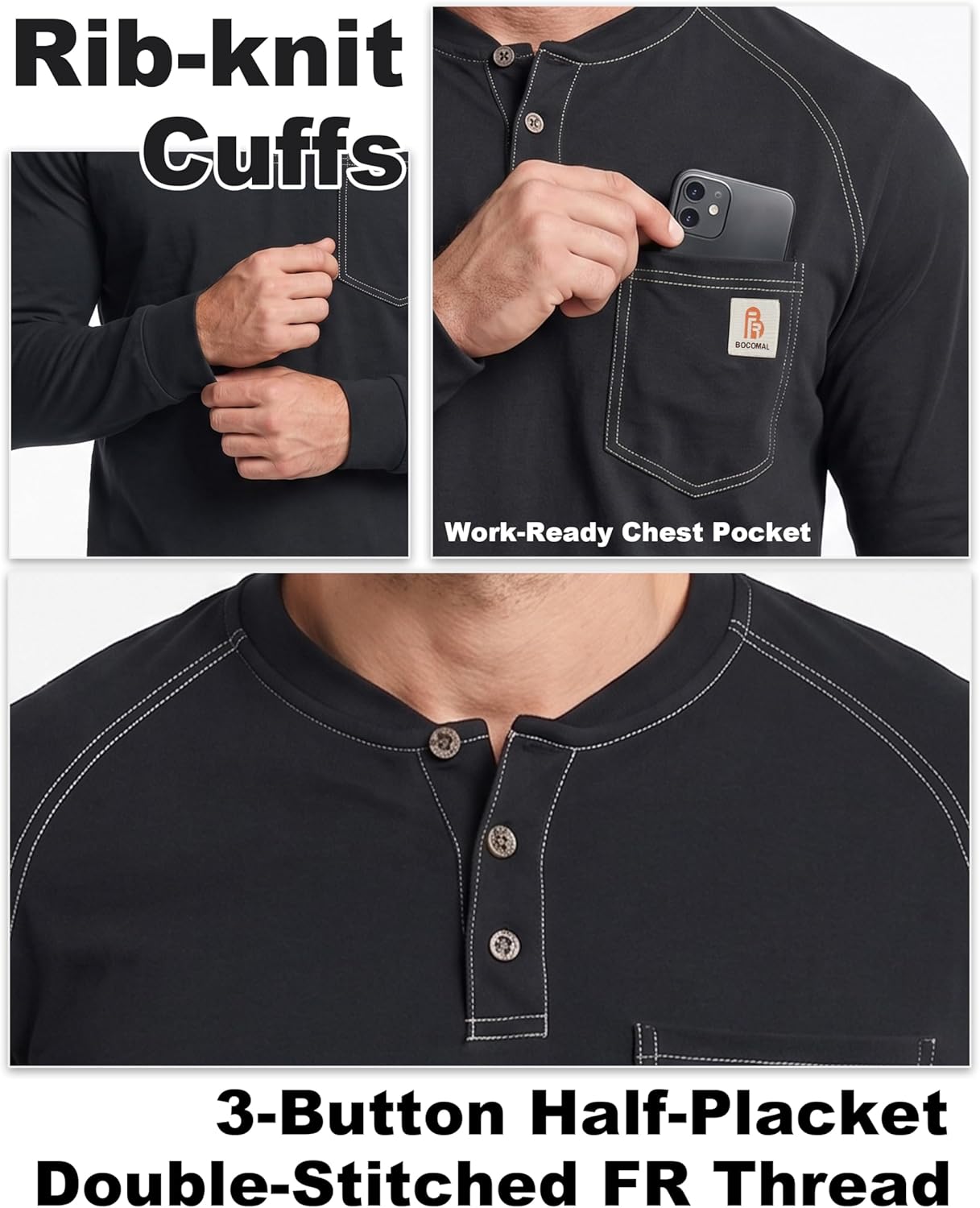 BOCOMAL Men's FR Henley Shirt Flame Resistant 5.5oz Cotton Long Sleeve Workwear UL NFPA2112 CAT2 Welding Tee