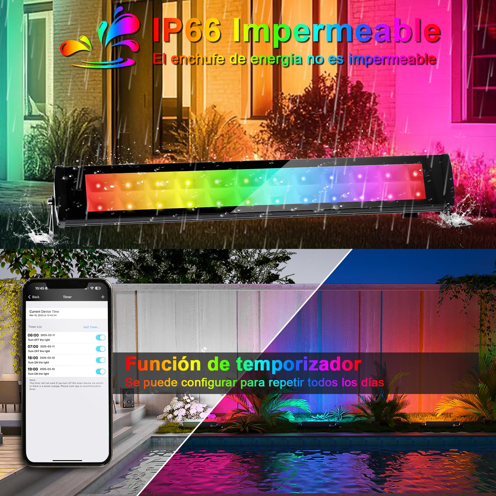 2 Proyectores LED RGB 50W Exterior IP66 – Control Por App Y Mando, 16 Colores Con Temporizador Y Memoria