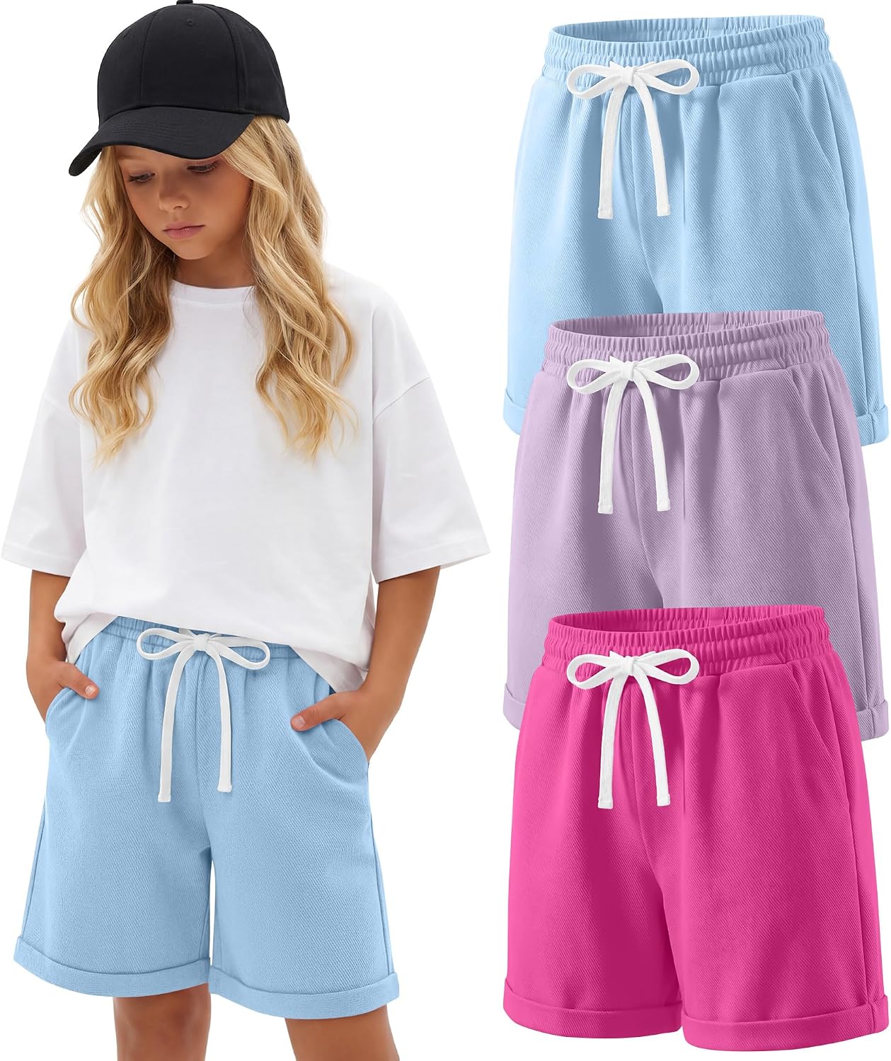 3 Pack Girls' Bermuda Shorts 5-14Y Kids Cotton Wide Leg Cargo Shorts High Waist Casual Summer Clothes with Pockets