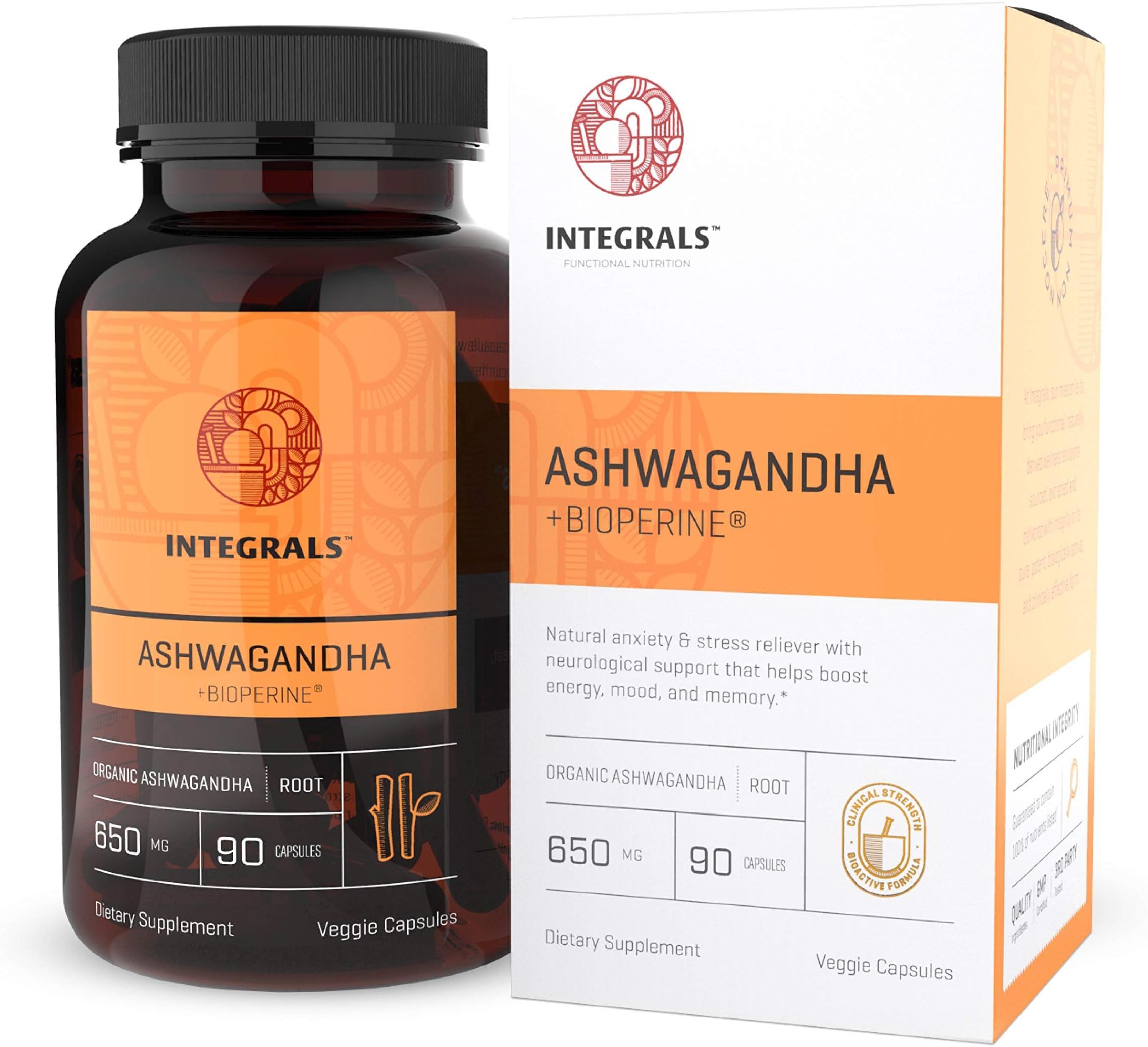 Integrals Organic Ashwagandha Capsules + Bioperine | Potent 650mg of Ashwagandha Root in Every Vegan Capsule | Natural Energy Booster - Mood Support - Anxiety & Stress Relief
