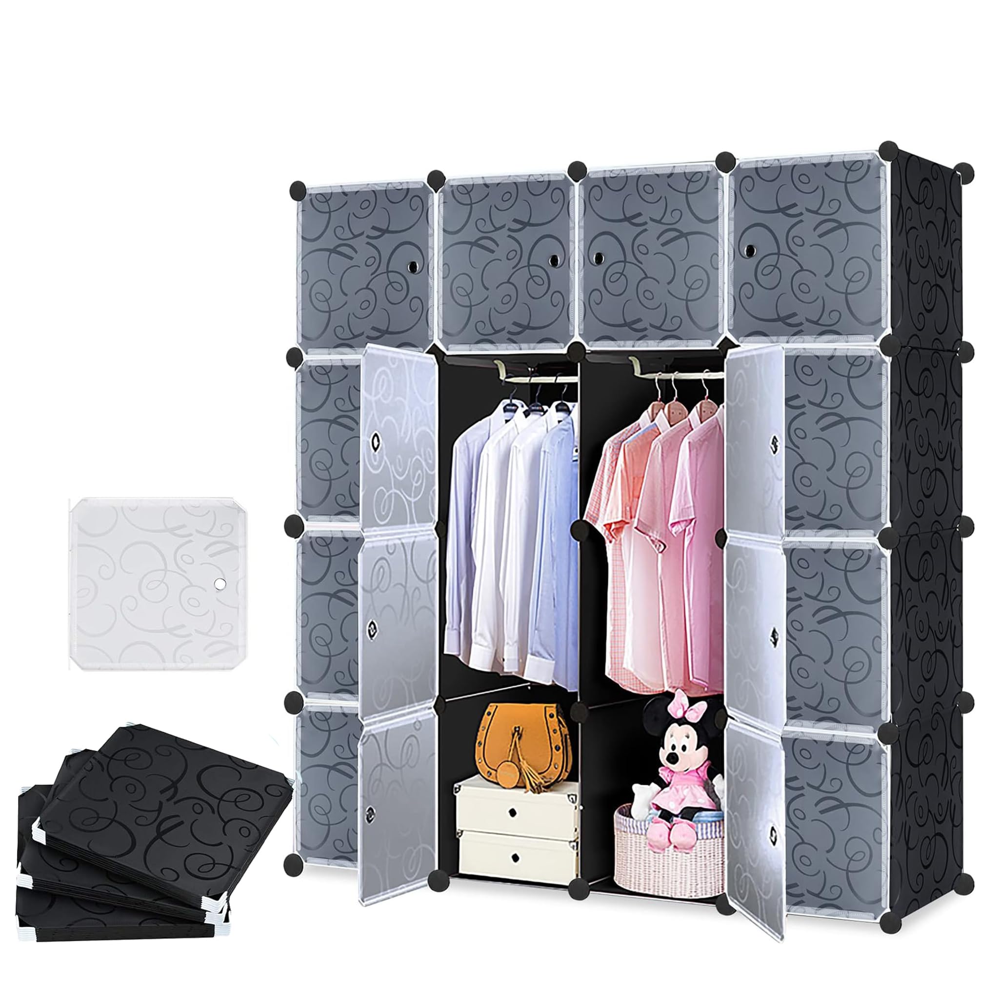 Système d'étagères DIY avec portes, étagère enfichable, armoire en plastique PP, rangement modulaire pour vêtements, chaussures, livres, avec 16 cubes