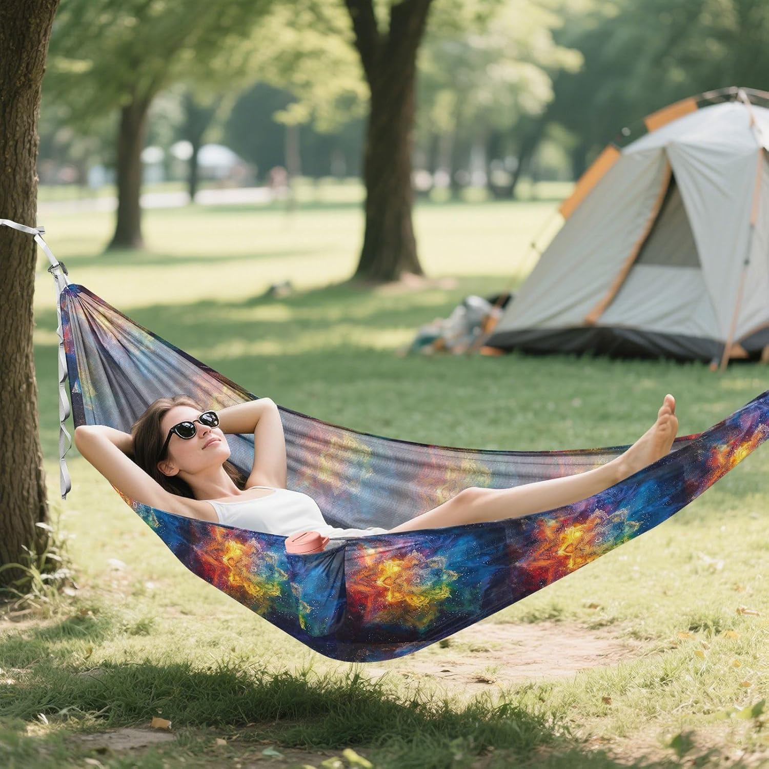 ALAZA Mandala Rainbow Color Nebula Camping Hammocks Single or 2 Person 500 lbs Portable Parachute Travel Hammock w/Tree Straps for Hiking Backpacking Indoor Outdoor