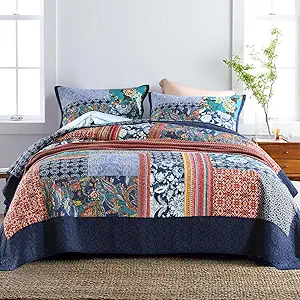 Secgo Queen Comforter Set for Bed - 100% Cotton Quilts Queen Size, Navy, Bohemia Bedspreads (90 * 98 Inch) with 2 Pillow Shams, Patchwork Reversible Lightweight Bedding