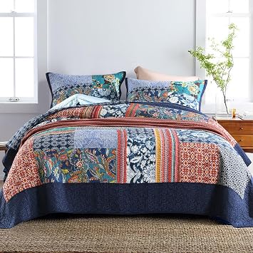 Queen Comforter Set for Bed - 100% Cotton Quilts Queen Size, Navy, Bohemia Bedspreads 90 * 98 Inch with 2 Pillow Shams, Patchwork Reversible Lightweight Bedding