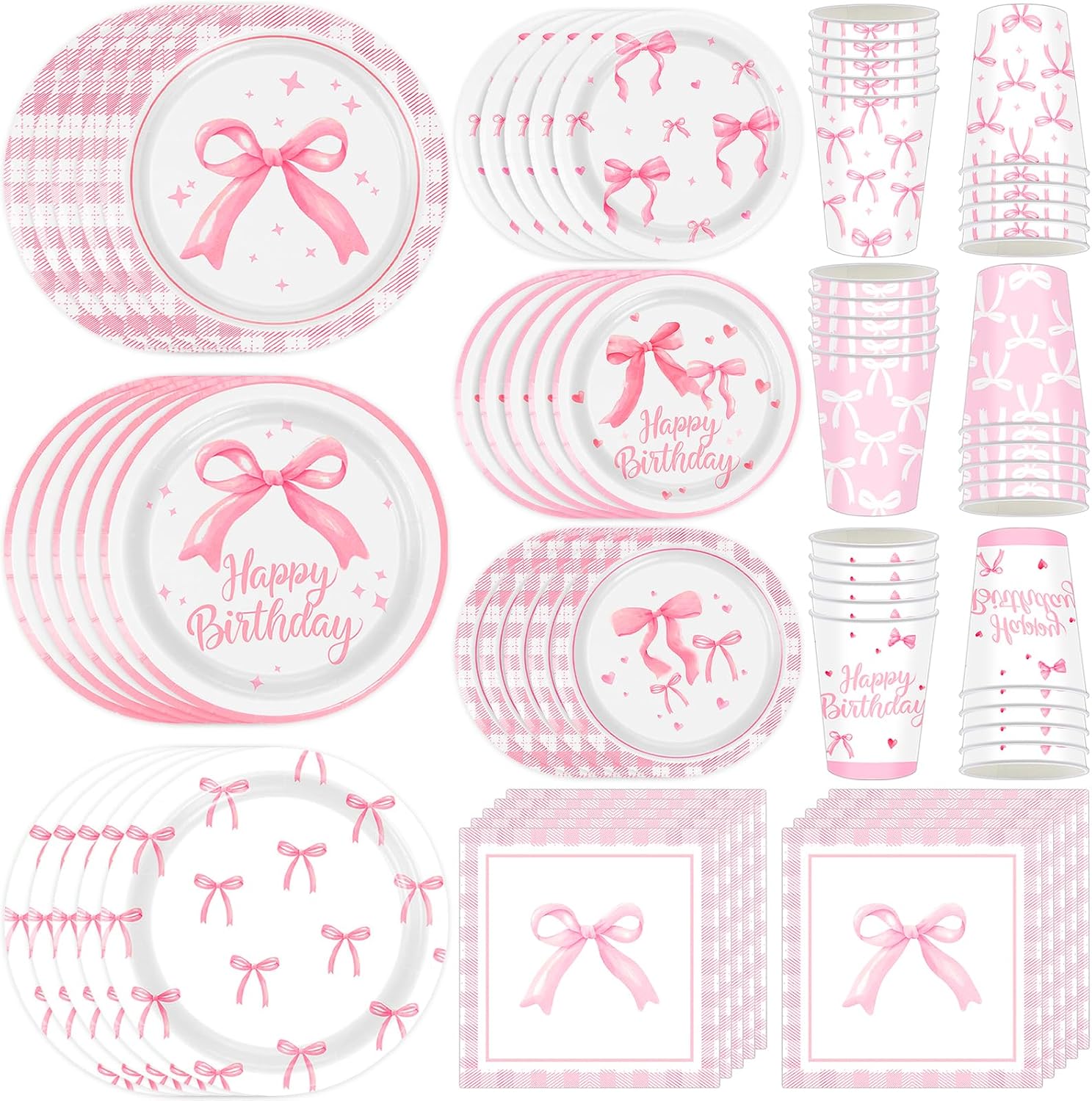 Pink Bow Birthday Party Supplies 120pcs Disposable Pink Bow Paper Plates Napkins Cups for Girl Birthday Party Decoration Baby Shower Bachelorette Bridal, Serve 30