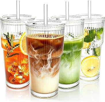 4PCS 20oz Glass Cups with Lids and Straws, Iced Coffee Cups with Lids, Stylish Ribbed Thick Drinking Glasses Tumbler for Juice, Smoothies, Cold Beverages, Cute Cup Gifts with Clean Brush