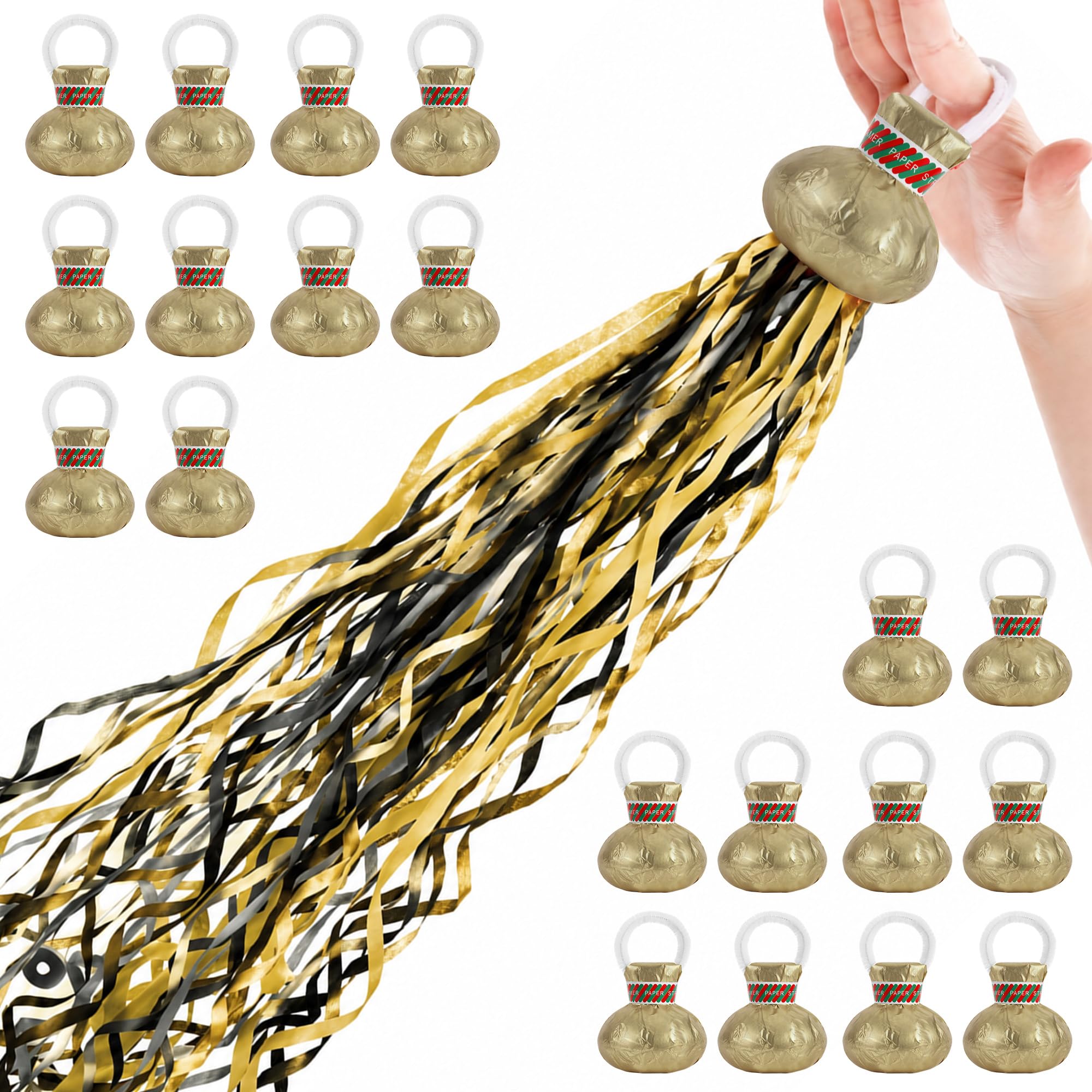 20Pcs Hand Throw Streamers, Black Gold Party Poppers with 30 Ribbons