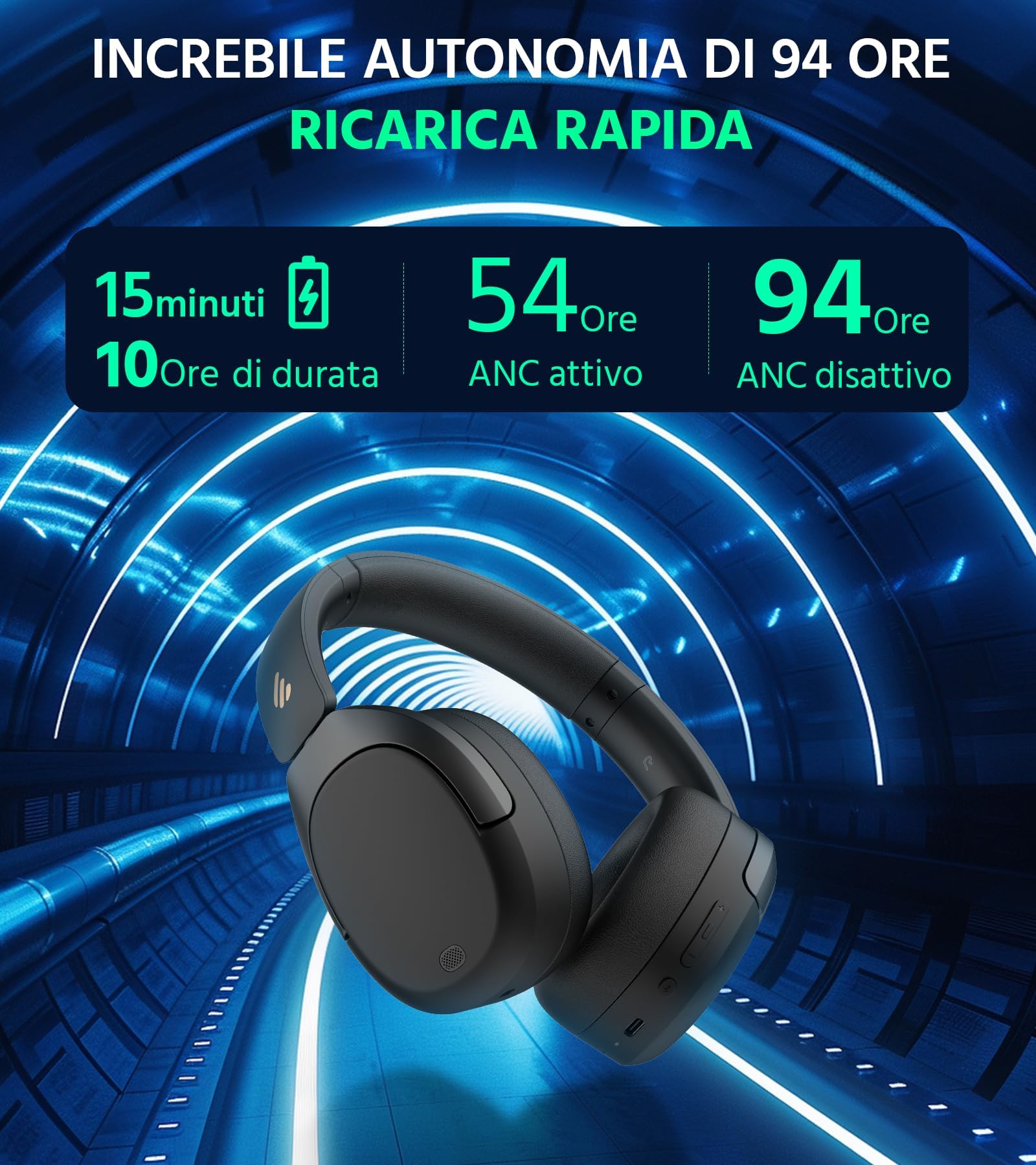 Edifier W830NB - Cuffie wireless Over Ear con -45dB ANC, batteria 94 ore, LDAC Hi-Res, audio spatial, ricarica rapida, Bluetooth V5.4, colore: Nero