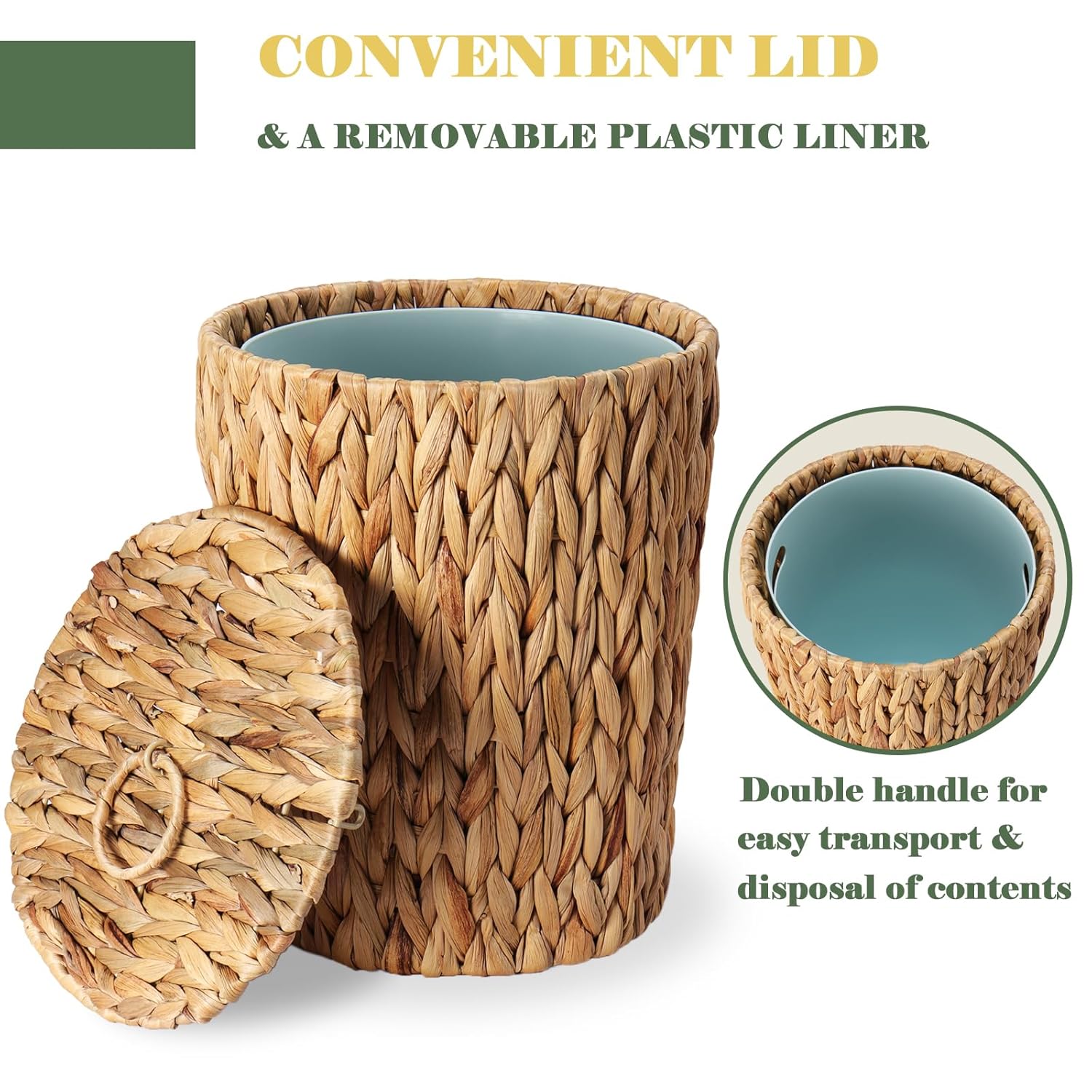 2.6 gallon wicker trash can with lid - bathroom garbage can with removable liner bucket - boho hand woven water hyacinth wicker waste basket for bedroom, living room, home, office natural 2.6 gallons