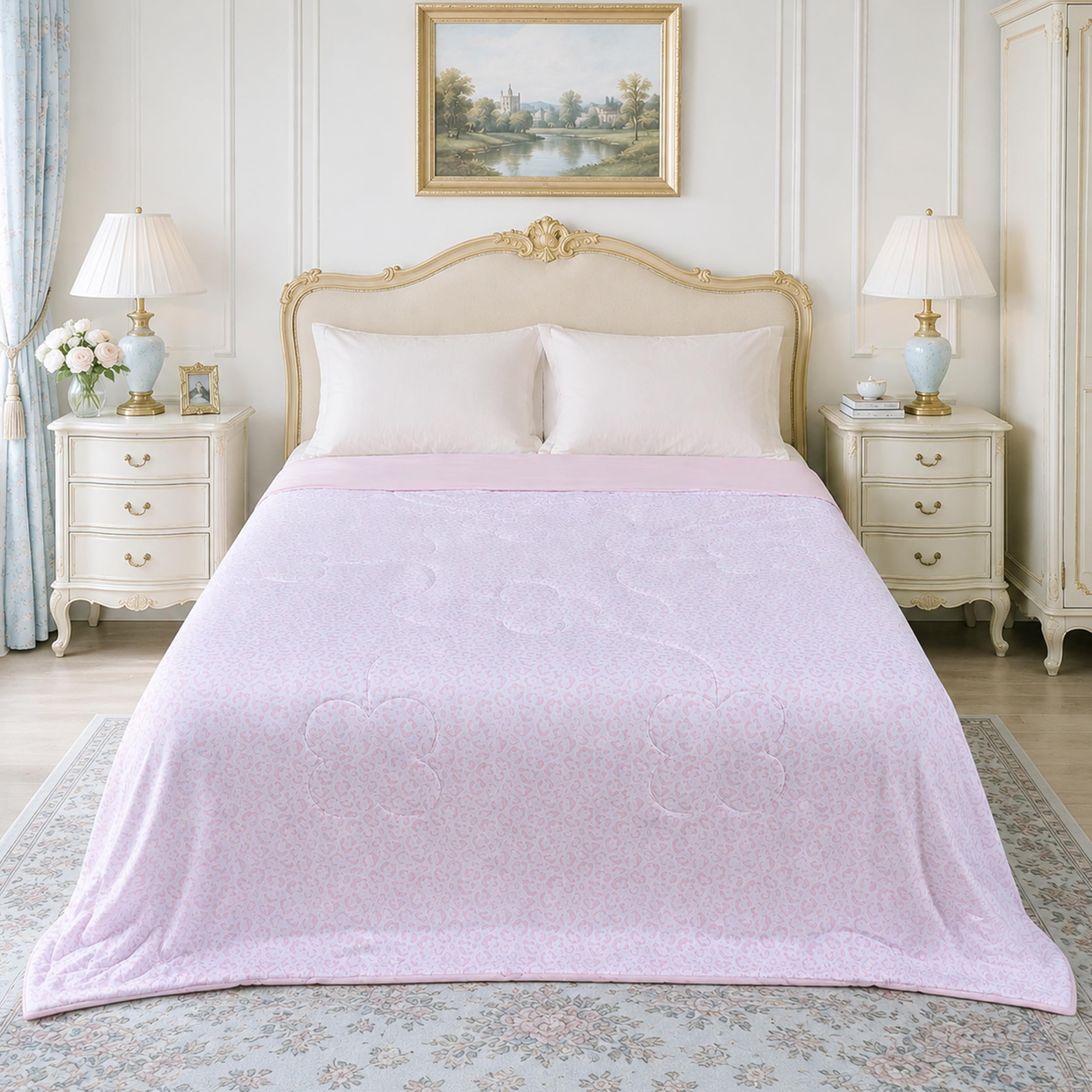 Centhermy Cooling Comforter Blanket for Hot Sleepers, Soft, Lightweight, Breathable Summer Quilt with Four-Leaf Clover Quilting and Leopard Print, for Double and King-Size Beds, Pink, 230 x 230 cm