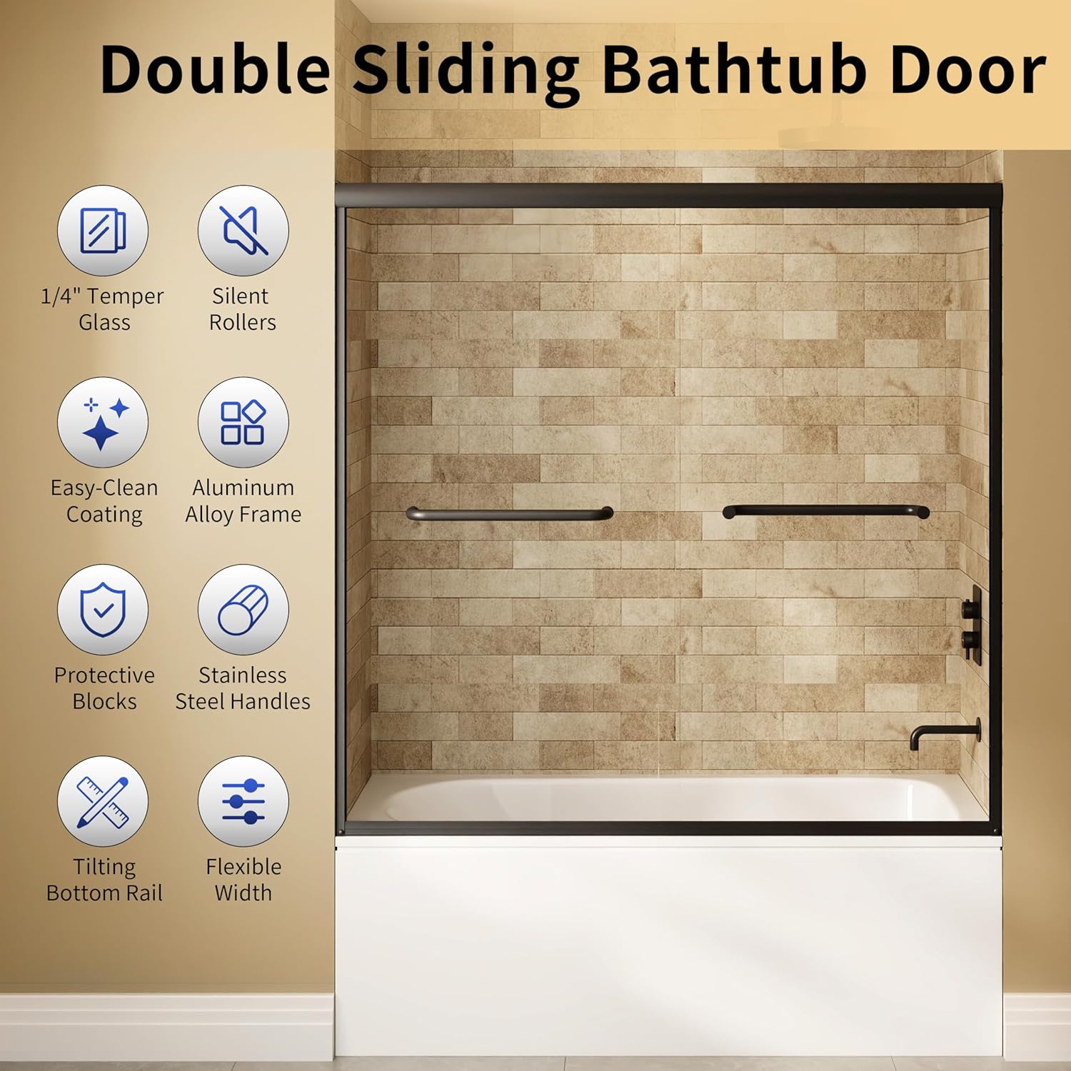 DeerValley 57" - 60" W x 58" H Double Sliding Tub Shower Door, Semi-Frameless Bathtub Shower Door with 1/4" Tempered Clear Glass, Matte Black