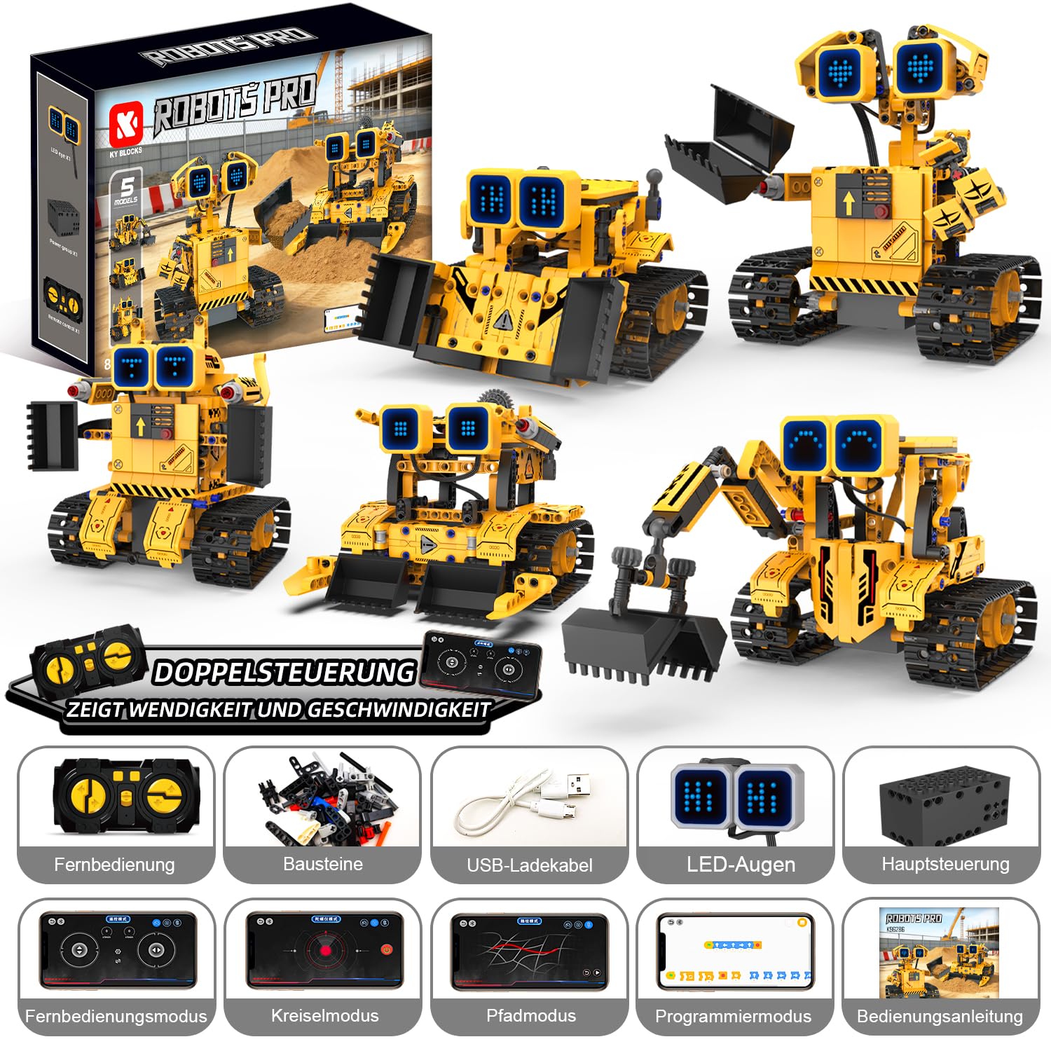 Technik Robot da costruzione per bambini, set robot programmabile 5 in 1 | App e telecomando, STEM Bulldozer, mattoncini a morsetto, 452 pezzi, regalo per bambini dai 8 ai 12 anni in su