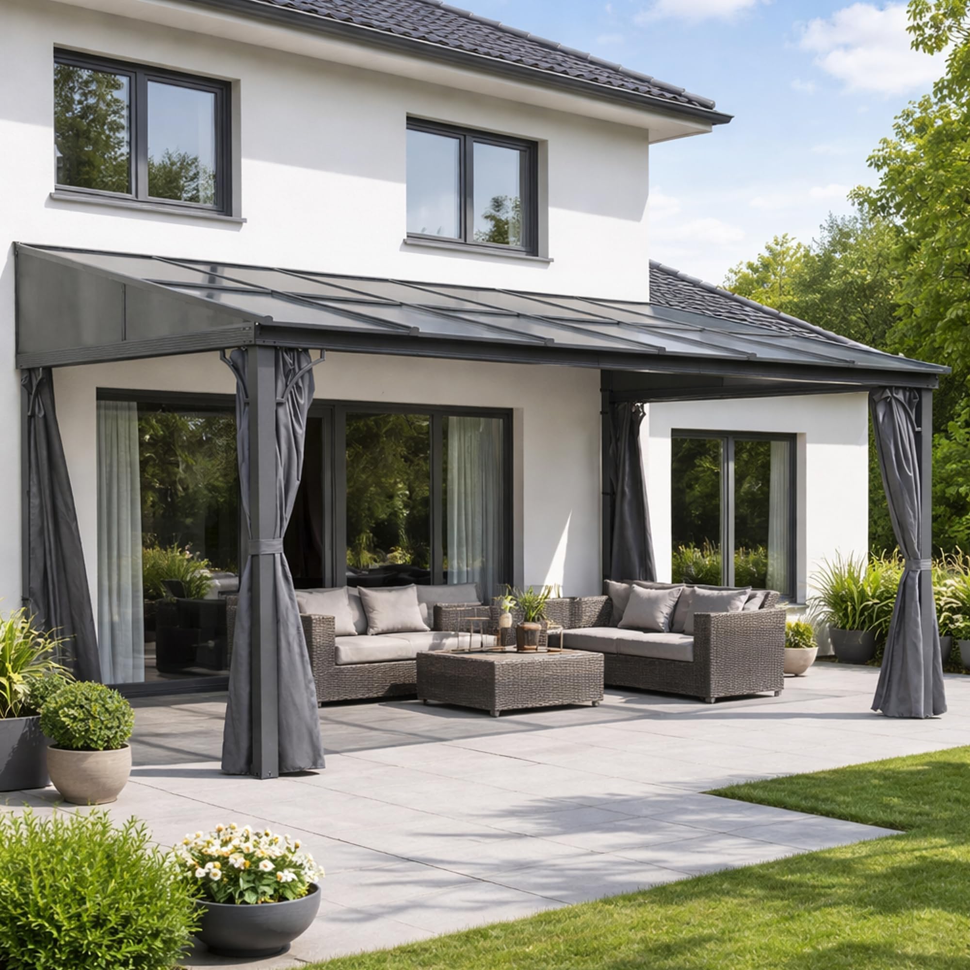 Terrassendach Toledo | Terrassenüberdachung Gartenpavillon lichtdurchflutet Aluminium | Hardtop Pavillon 12 m² - 4 x 3 m (B x T) anthrazit incl. 270° Wind- und Regenschutz