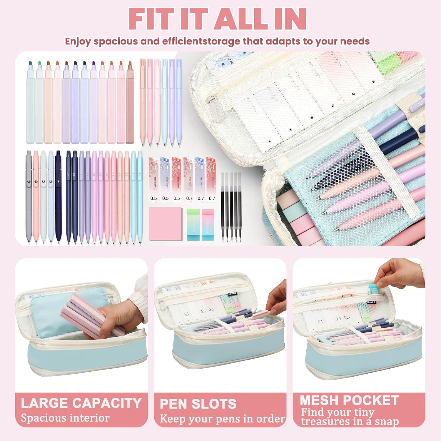50 PCS Aesthetic School Supplies with Cute Pen Case,12 Pastel Highlighters,5 Black Ink Gel Pens, 12 Mechanical Pencils Set 0.5 & 0.7 mm 6 Color Gel Pens for Students Stationary College Essentials Blue image 3