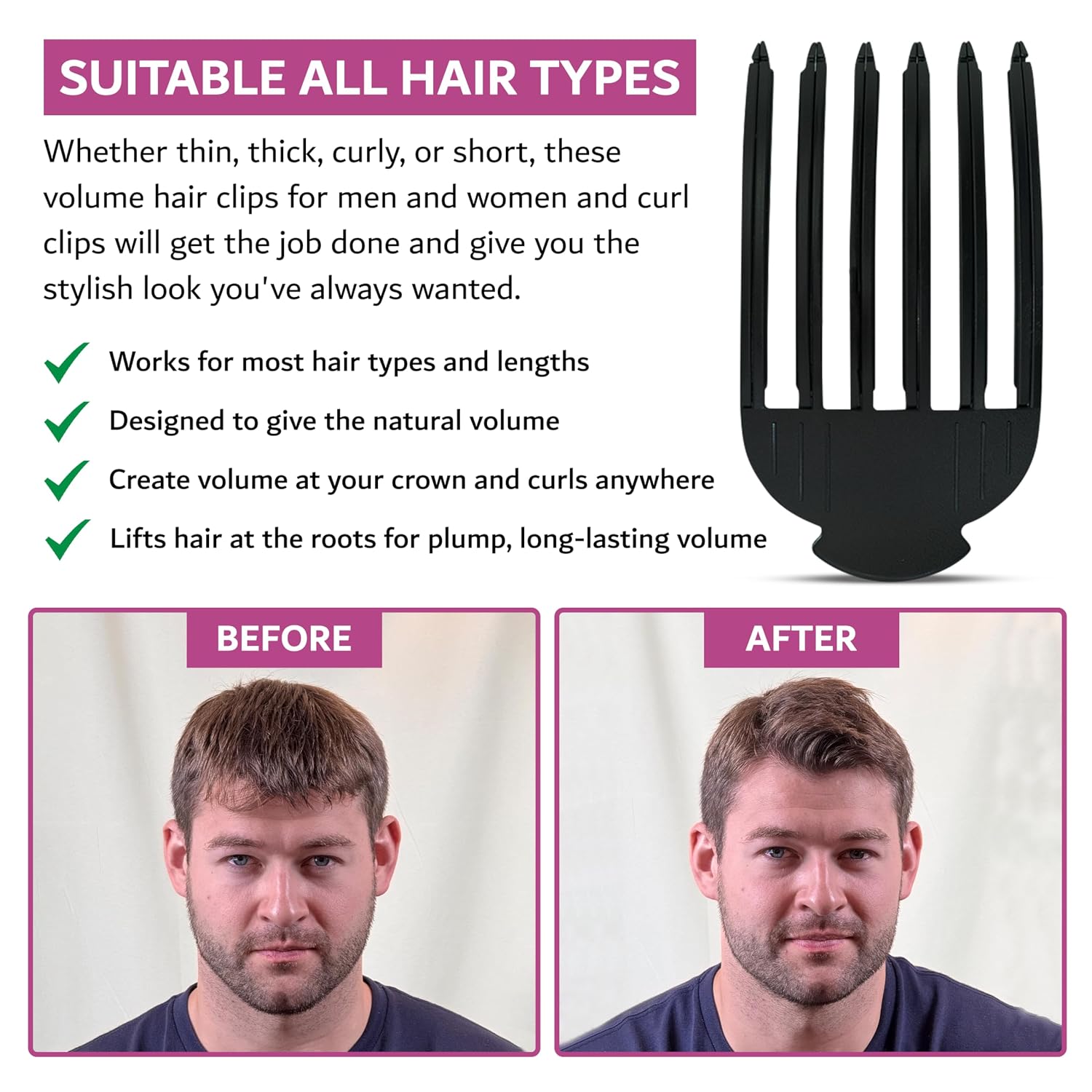 Bangs Volumizing Clip | Root Volume Booster for Long-Lasting Lift | Ergonomic Design for Easy Use | All-Day Hold for Natural Hair Volume | Perfect for Flat Hair and Busy Mornings (Black, 6 Pin)
