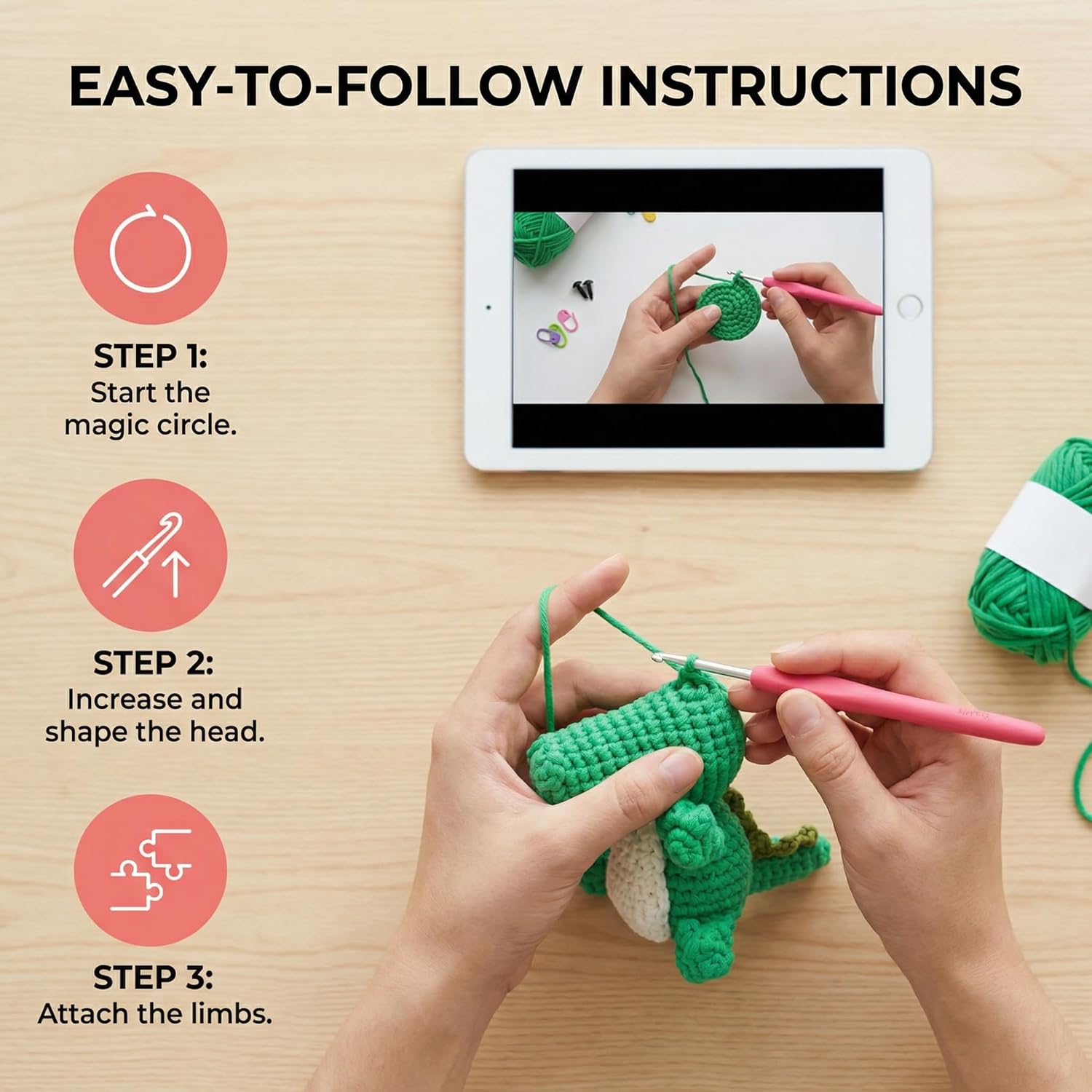 minimal beee Crocodile Crochet Kit for Beginners, Animals Easy-Peasy Yarn with Complete Starter Supplies, DIY Gift for Adults Crafts, Includes Video Tutorials & Patterns