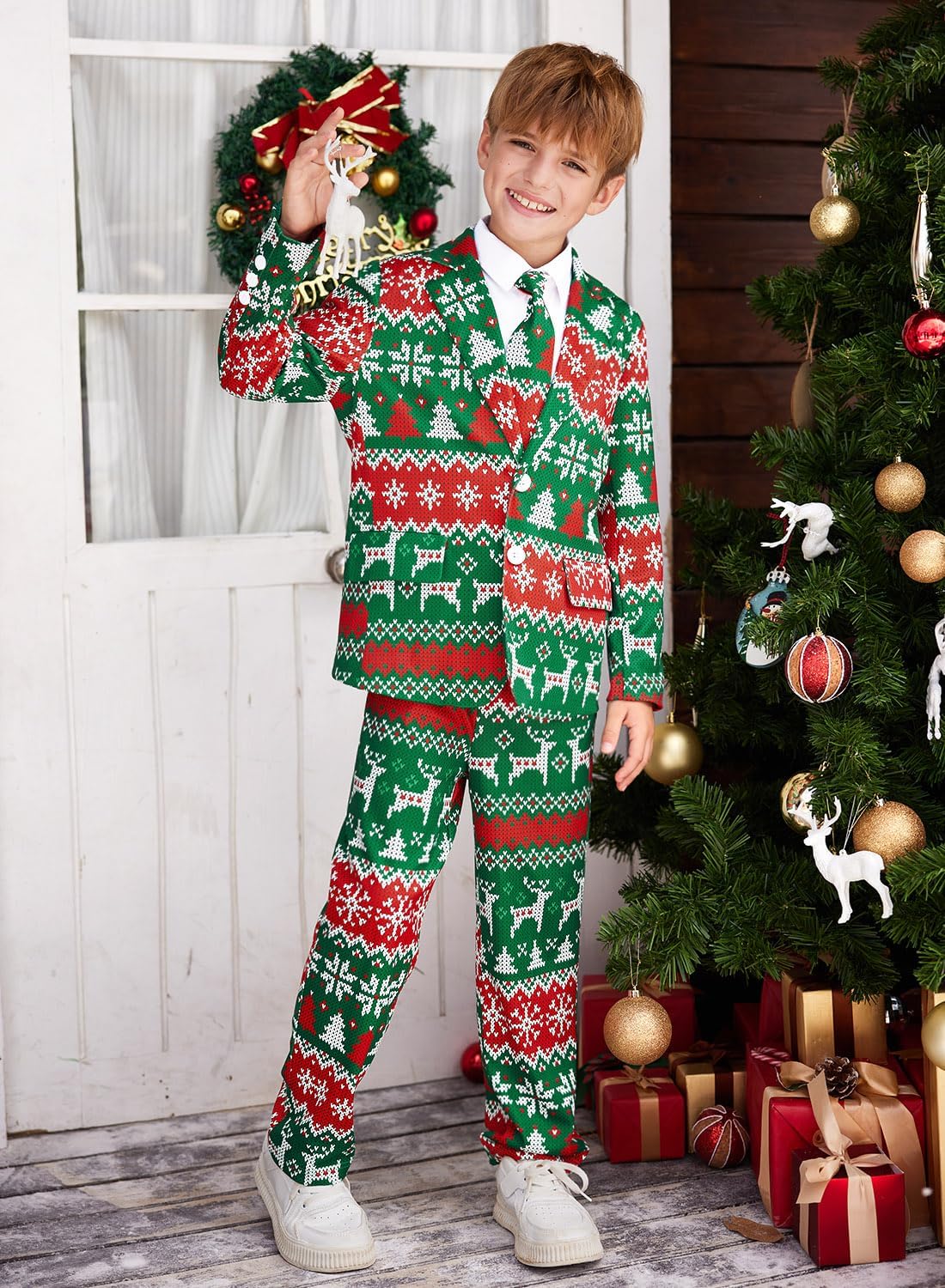 Big Boys Christmas Ugly with Jacket, Pants & Tie Printed Outfit Set Warm Party Formal Suit Green & Red Christmas Reindeer 14 Years