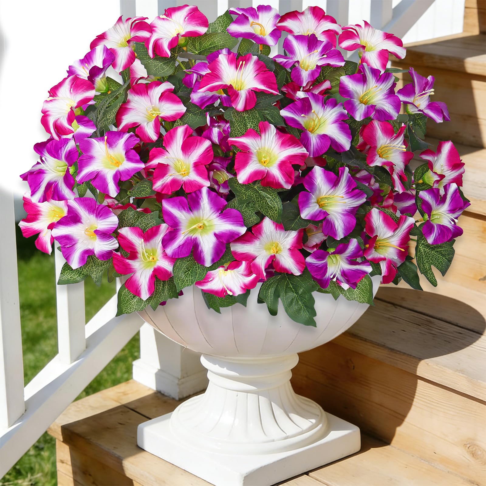 ASTNIC 4 Bundles 20" Long Stem Artificial Flowers for Outdoor, UV Resistant Morning Glory Fake Plants Silk Flowers, Faux Greenery Plastic Petunia Fake Flowers for Garden, Vase, Patio, Home Decoration
