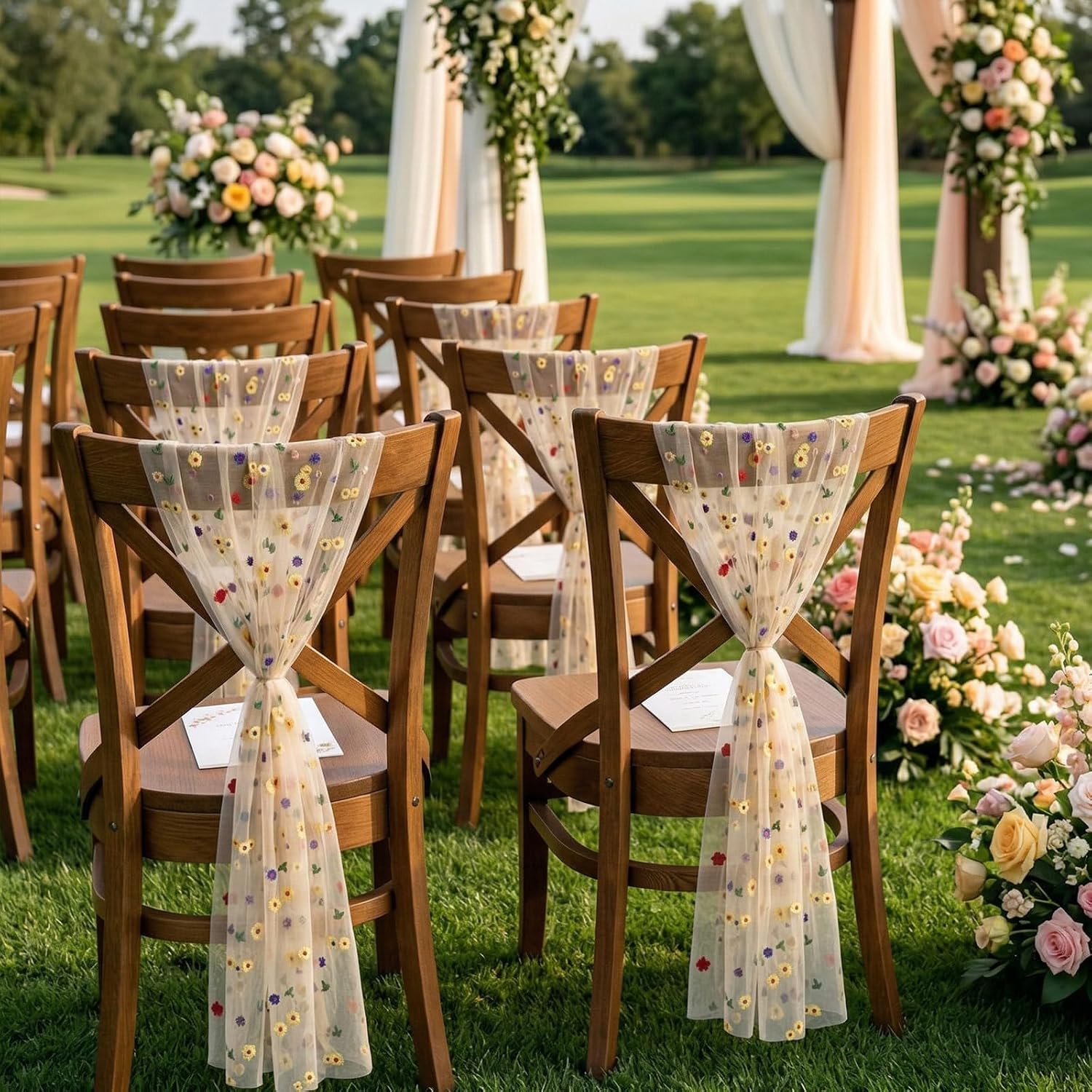 Jecery 16 Pcs 6 x 108 Inch Champagne Embroidery Wildflower Chair Sashes for Wedding Bow Ribbon Ties for Rustic Wedding Decoration Florals Seasonal Tulle for Home Decor, Bridal Shower, DIY Craft