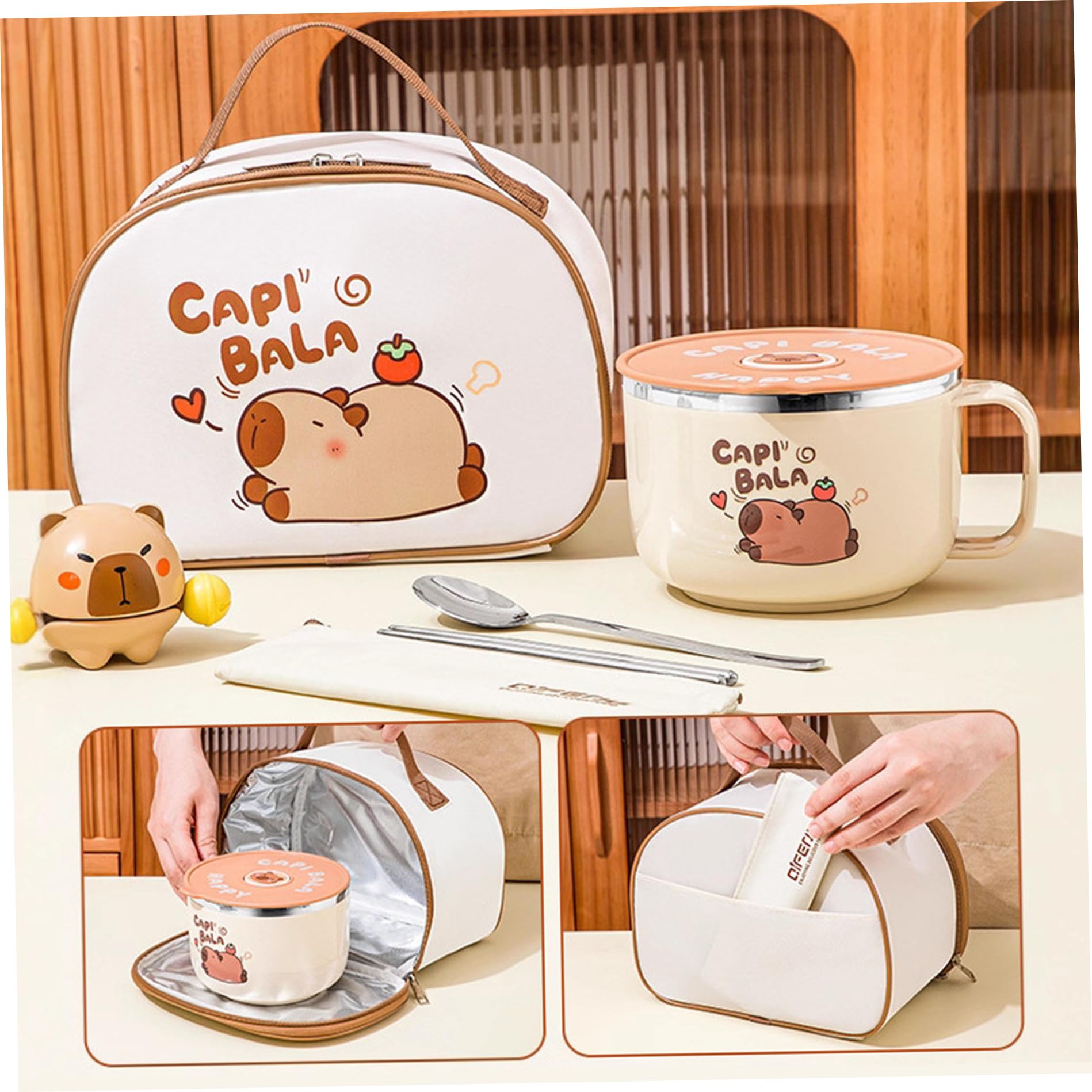 Ramen-Schüssel, mikrowellengeeignet, 800 ml, Capybara-Edelstahl-Suppenschüssel mit Deckel, Tasche und Geschirr, tragbarer Ramen-Kocher für Nudeln, Knödel, Salate, Instant-Nudeln