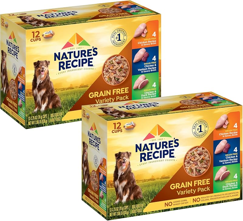 Ração úmida sem grãos para cães adultos Nature's Recipe, sabores variados em molho saboroso, 24 unidades de 78 g