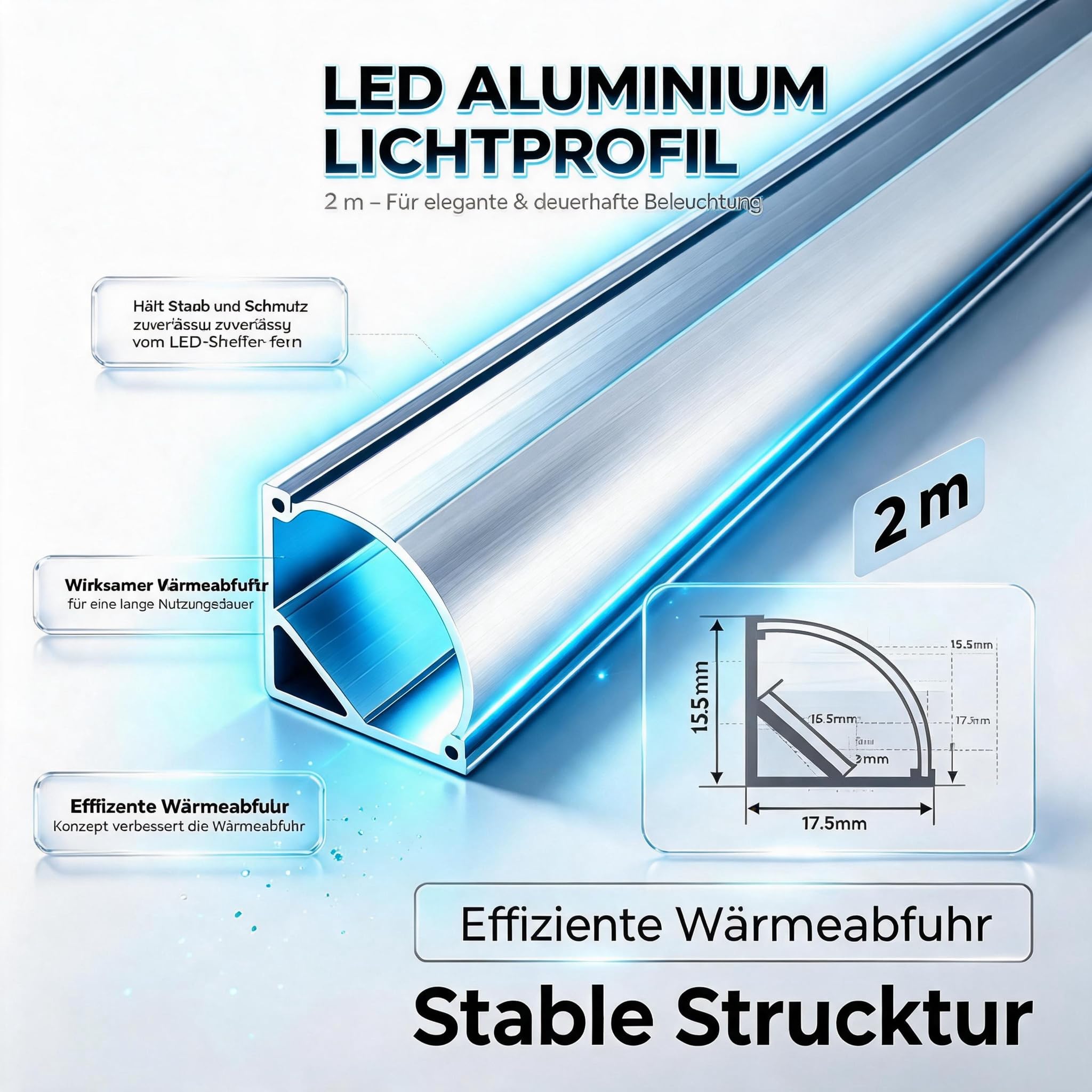 10x 2m LED Alu-Eckprofil (20m Set), 15,8x15,8mm, Silber mit milchweißer Abdeckung, für LED Streifen bis 10,1mm – indirekte Eckbeleuchtung für Wohnraum, Treppenhaus & Flur