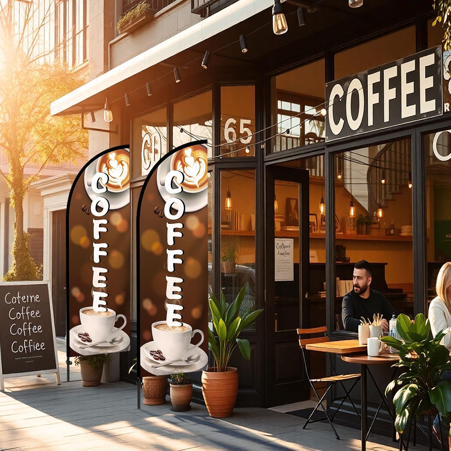 Remagr 2 Pcs 7ft Coffee Feather Flag Coffee Advertising Swooper Banner with Pole and Ground Stake Windless Shop Sign Tall for Outdoor Business Advertising