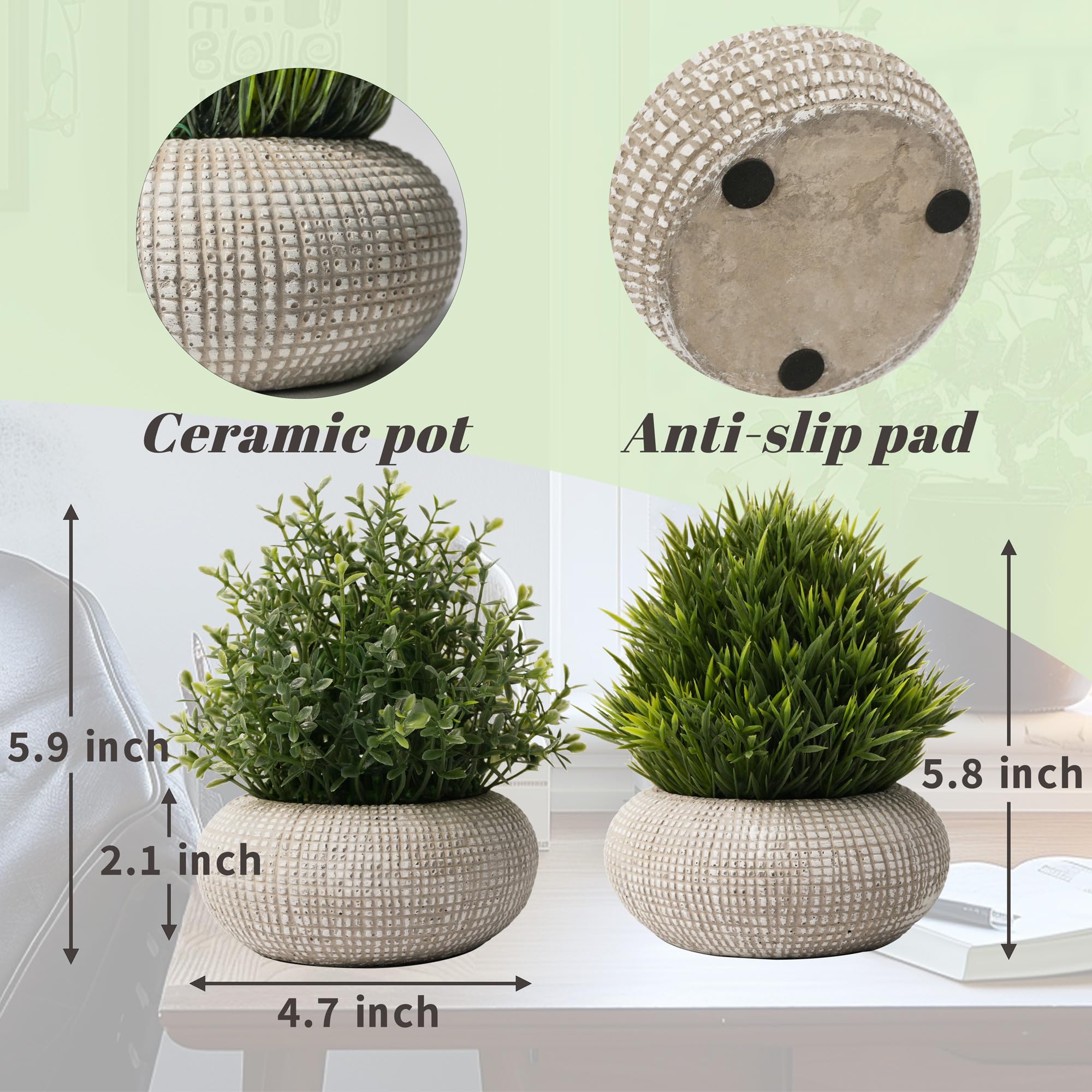 Confezione da 2 piccole piante artificiali per interni, piccole piante finte da interno in vaso di cemento, piante finte per bagno, camera da letto, cucina, decorazione per la casa, tutte