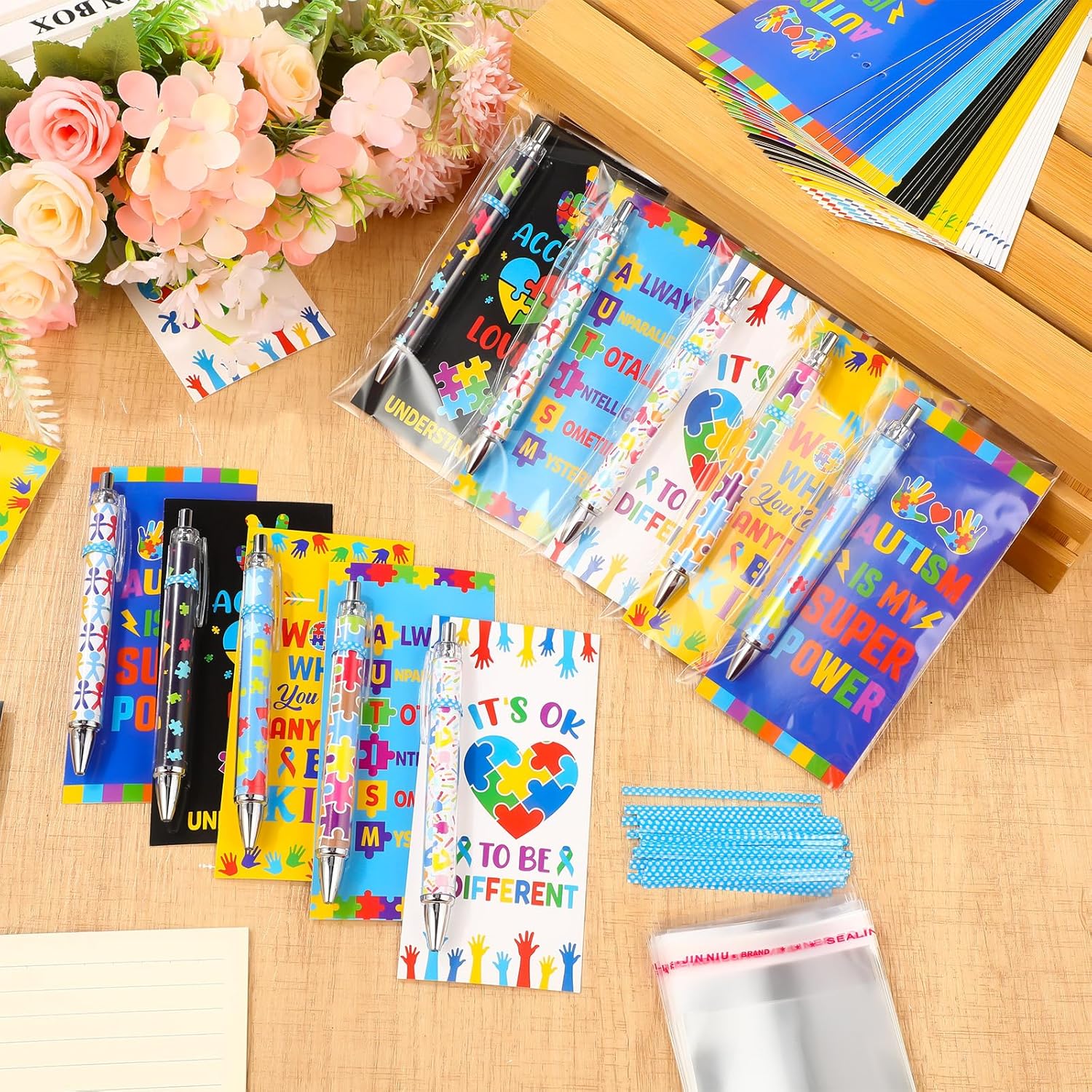 Jetec 50 Sets Autism Awareness Ballpoint Pens Click Retractable Gift Prizes with Bookmark Cards Bags Ties for Party Favors Office Teacher Exchange (Autism Awareness) - Image 3